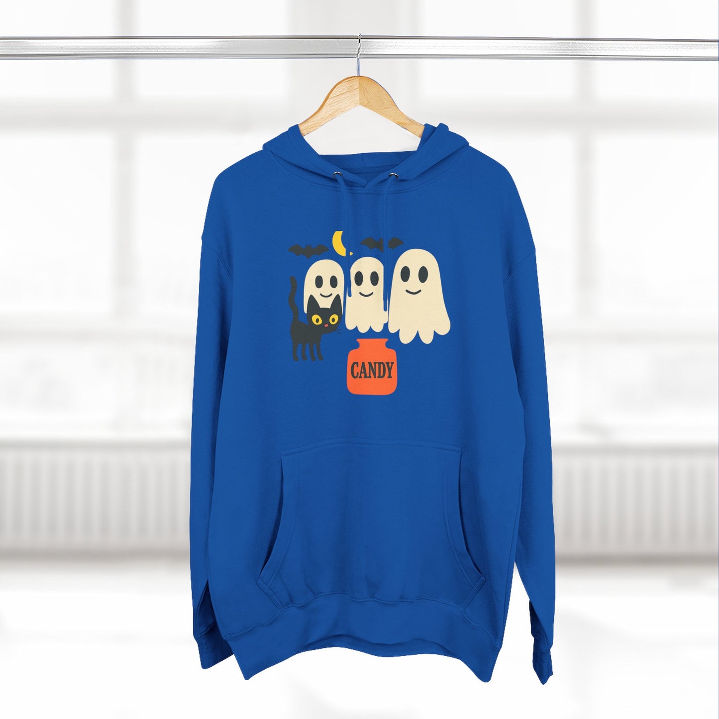 Halloween Three-Panel Fleece Hoodie, Ghost Black Cat Long Sleeve Unisex, Scary Bat Costume Sweatshirt, Trick or Treat Candy Bucket Jacket,