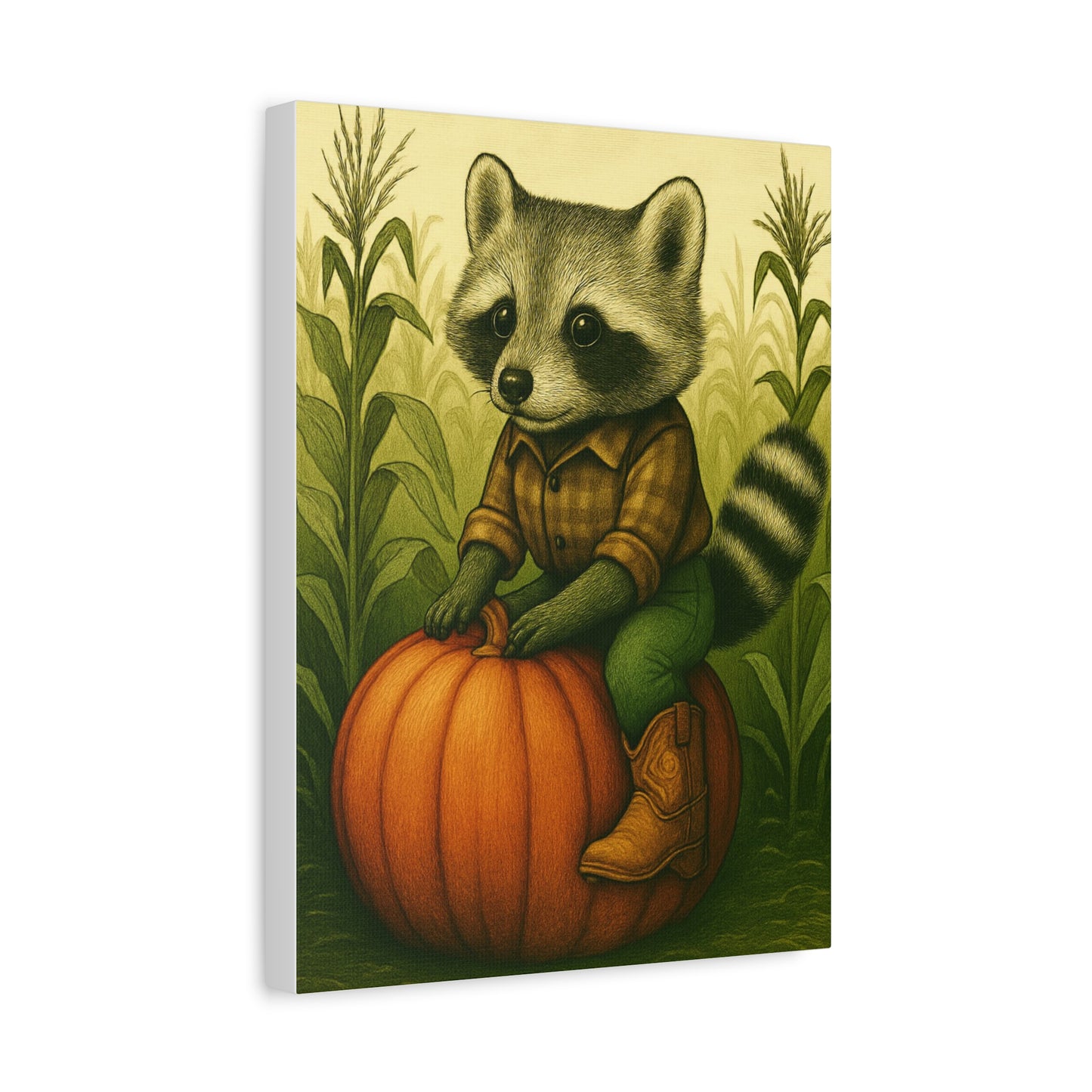 Matte Canvas Cowboy Harvest Raccoon on Pumpkin in Cornfield Green 8x10 - many sizes