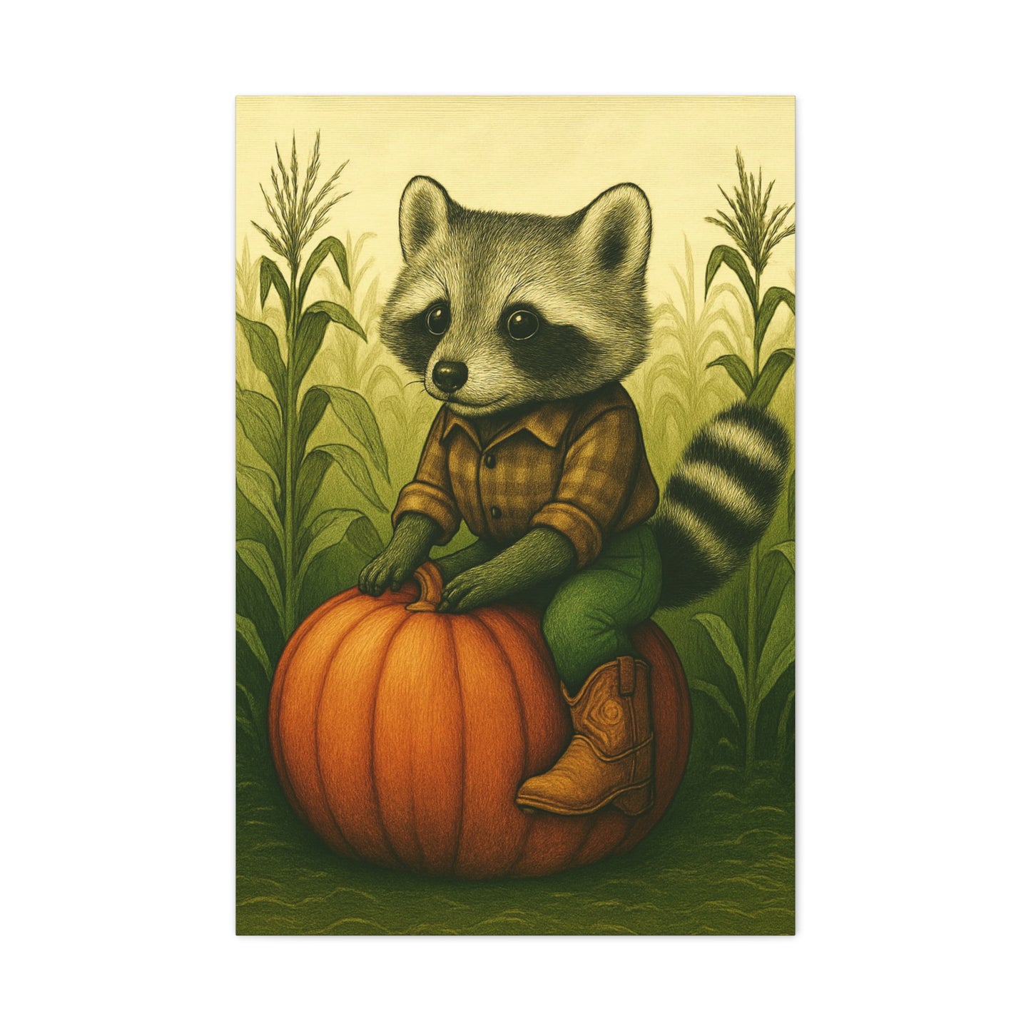 Matte Canvas Cowboy Harvest Raccoon on Pumpkin in Cornfield Green 8x10 - many sizes