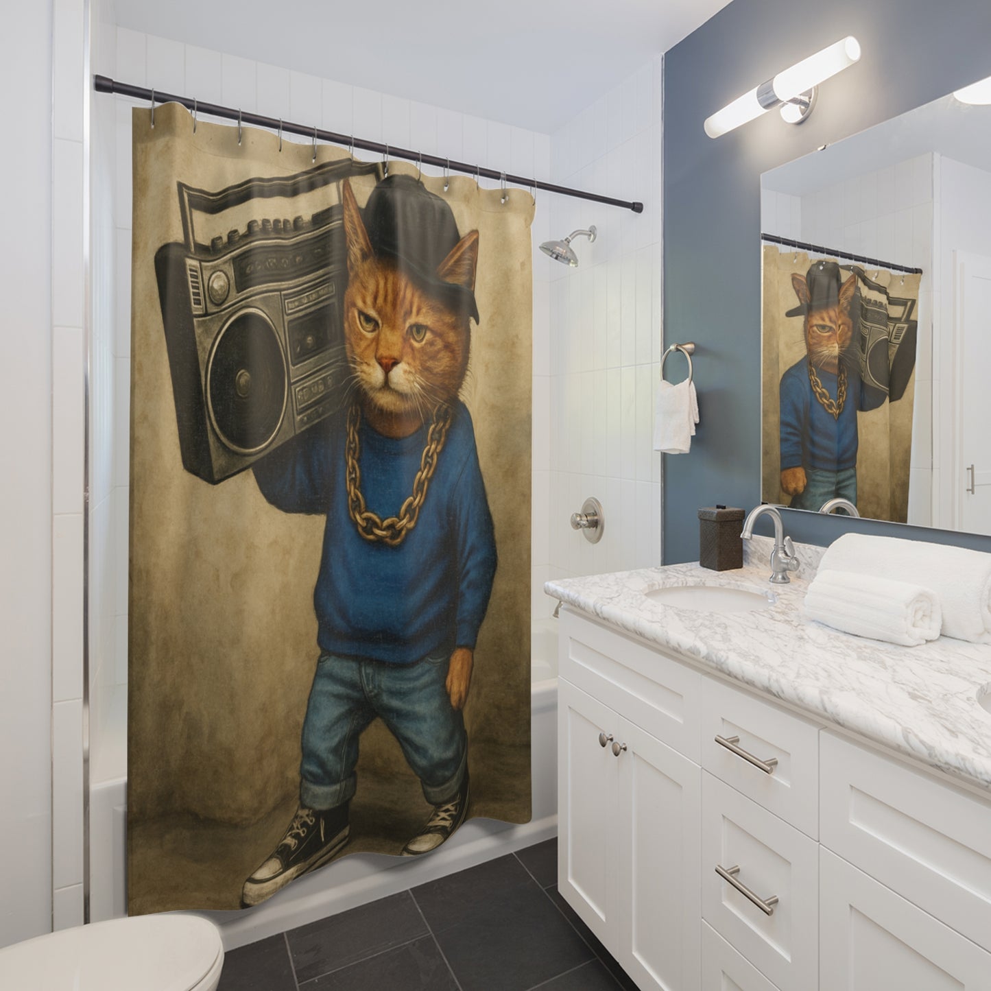 Hip Hop Cat Shower Curtain Funny Boombox Bathroom Decor Shower Curtains (matching hand towel sold separately)