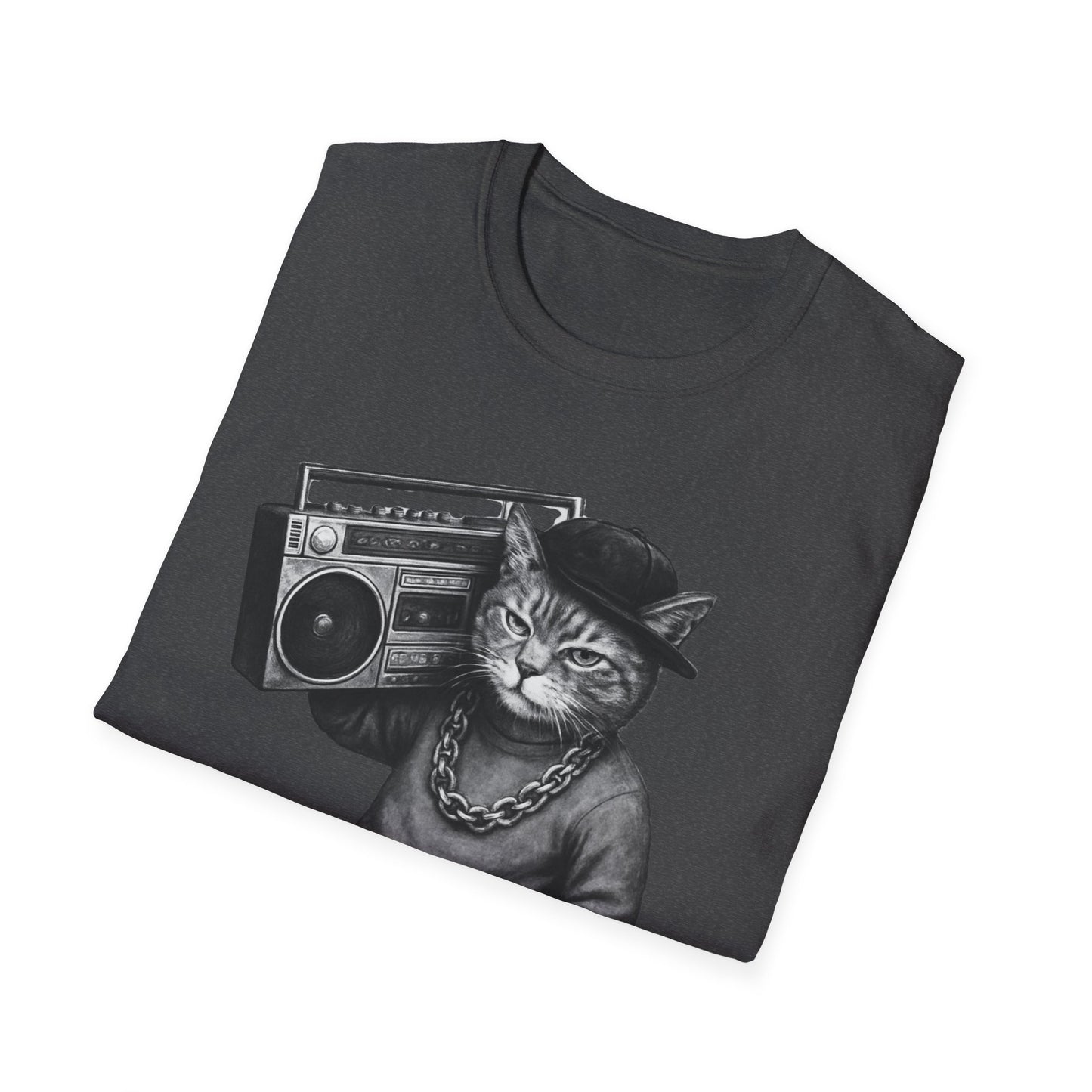 Black & White Boombox Cat T Shirt Hip Hop Streetwear Graphic Tee for Music Lovers Unisex Soft style T Shirt