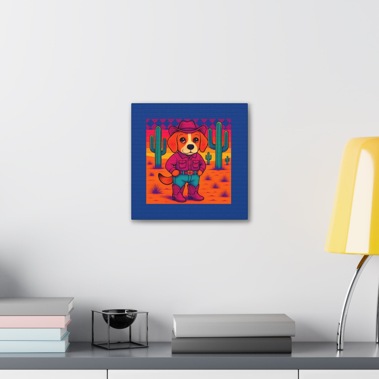 Canvas Stretched, Bright Colored Cowboy Dog in Desert Cactus, Cute Whimsical Wall Art, Home Decor, Western Animal Print, Dog Lover Gift