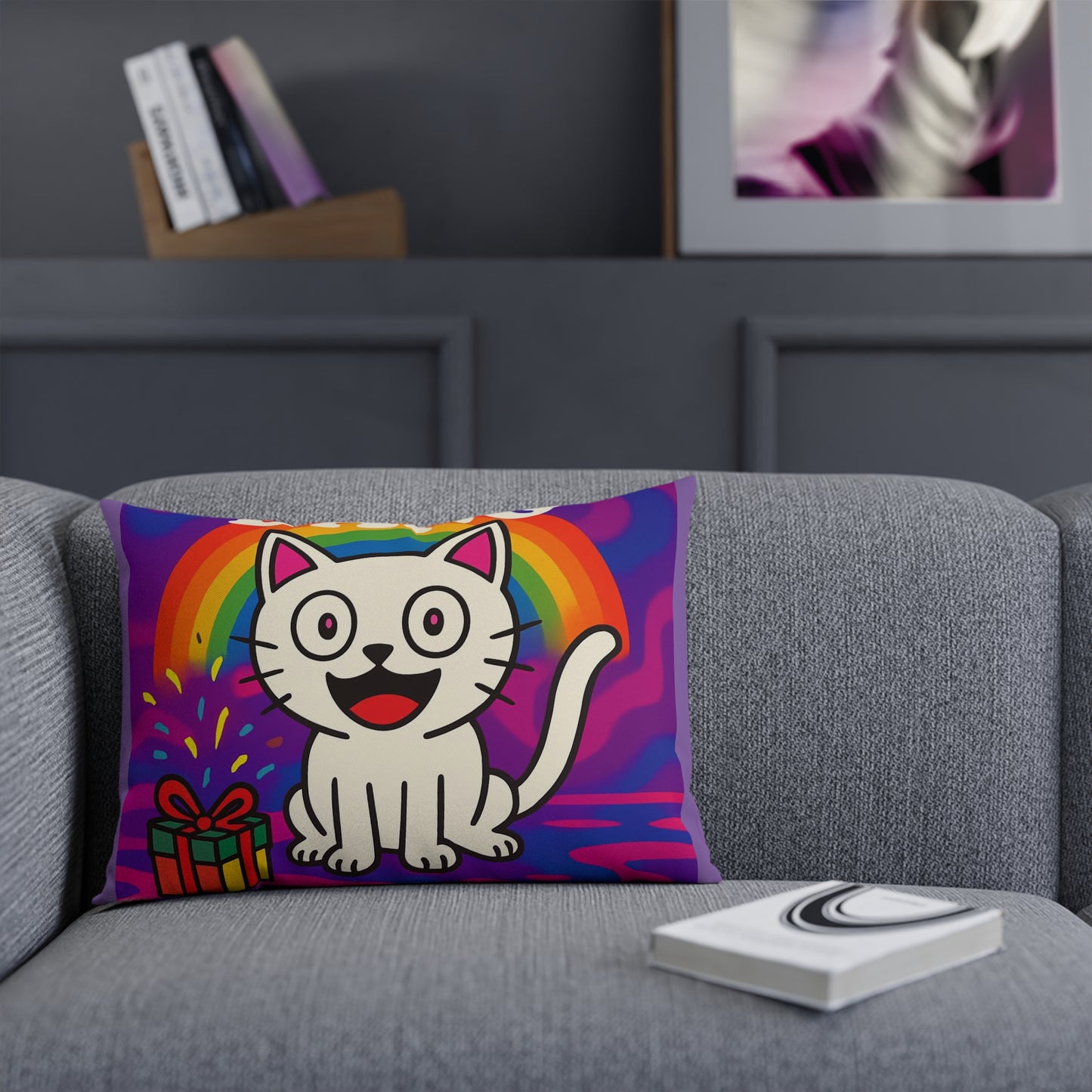 Cushion Pillow, Rainbow White Kitten Decorative Throw Pillow, Bed Cushion, Living Room Pillow, Nursery Decor, Couch Pillow