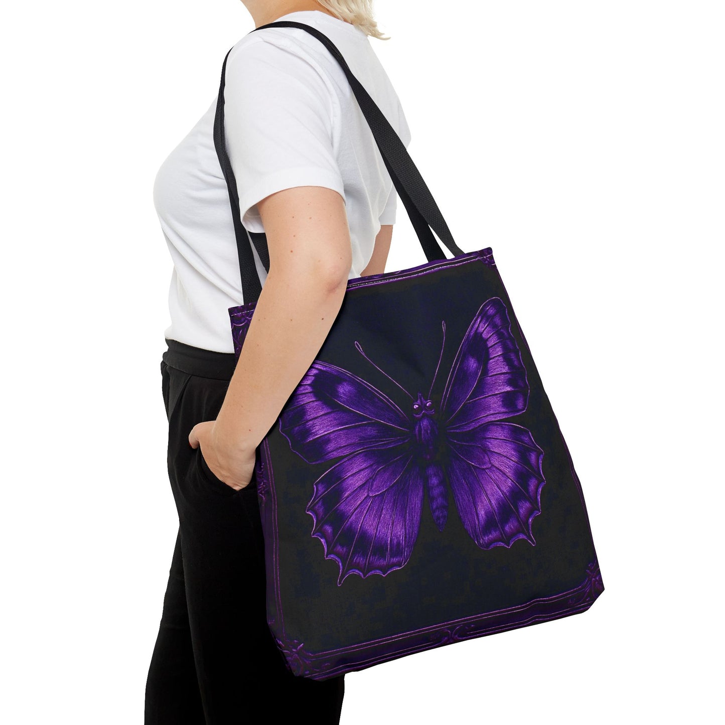 Purple Butterfly Tote Bag, Gothic Aesthetic Tote, Dark Fashion Bag, Nature Inspired Carryall Tote Bag (AOP)