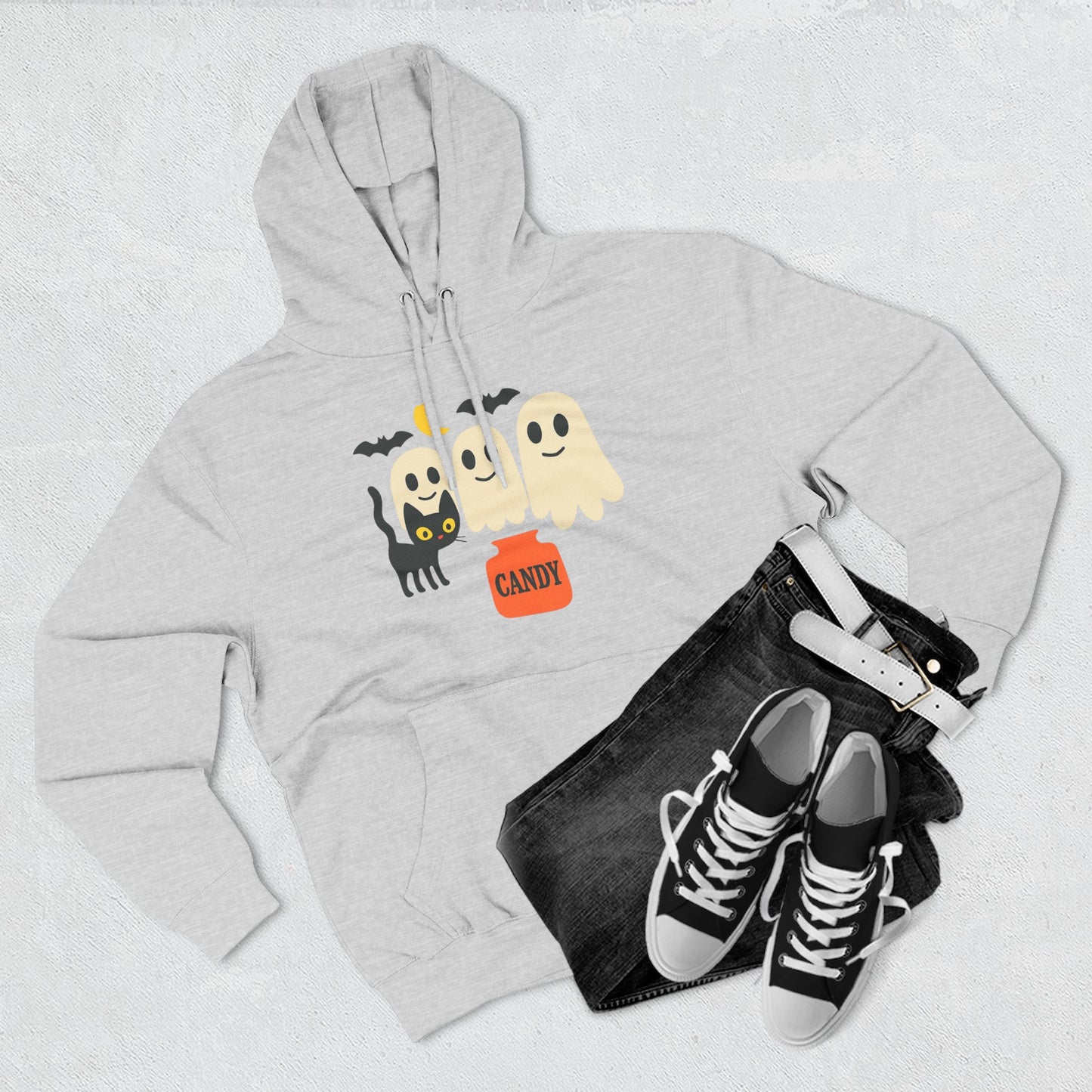 Halloween Three-Panel Fleece Hoodie, Ghost Black Cat Long Sleeve Unisex, Scary Bat Costume Sweatshirt, Trick or Treat Candy Bucket Jacket,