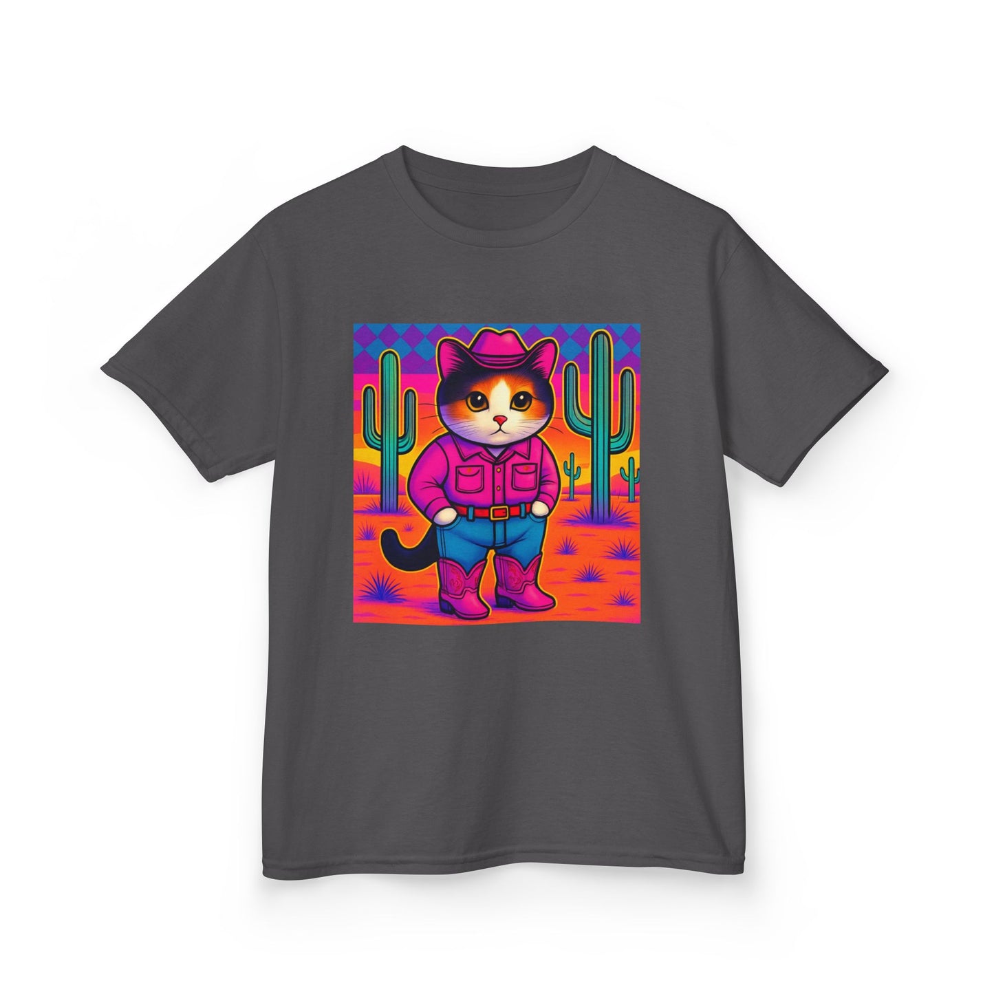 Cowgirl Cat Kids Shirt Cute Western Cat Tee Pink Calico Kitty Desert Shirt Y2K Girls Graphic Tee Kids Heavy
