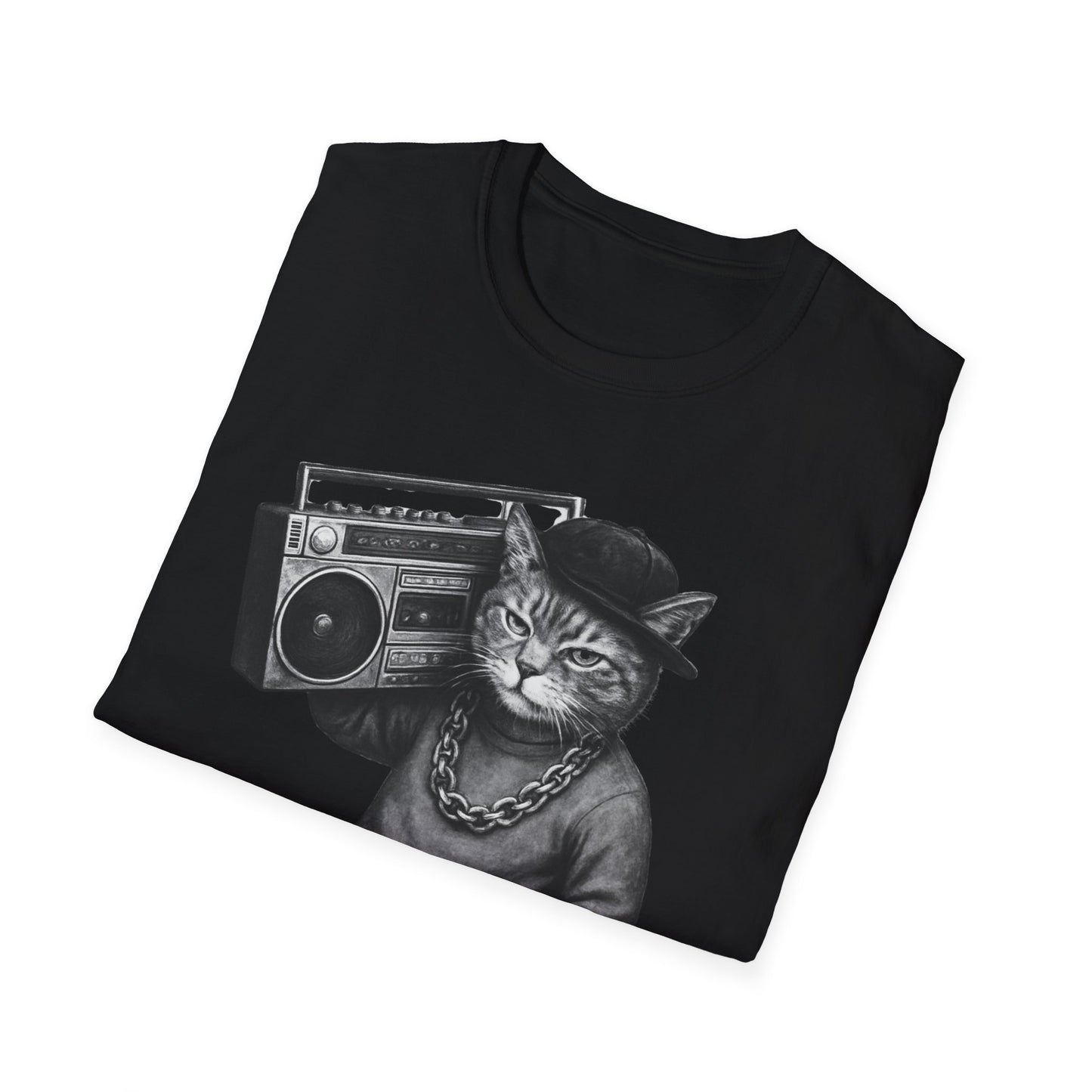 Black & White Boombox Cat T Shirt Hip Hop Streetwear Graphic Tee for Music Lovers Unisex Soft style T Shirt