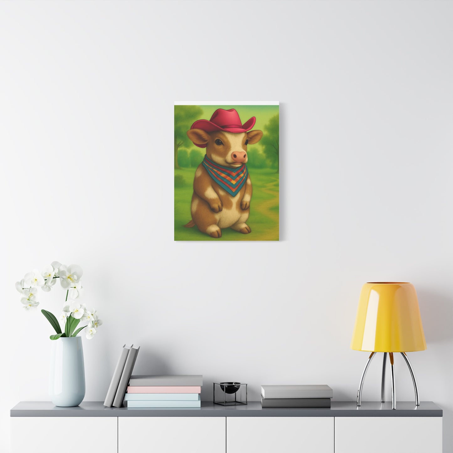 Cowboy Cow Country Baby Matte Canvas - 8x10 Stretched Nursery Wall Art, Western Farmhouse Decor, Kids Room Print, Rustic Barn Animal