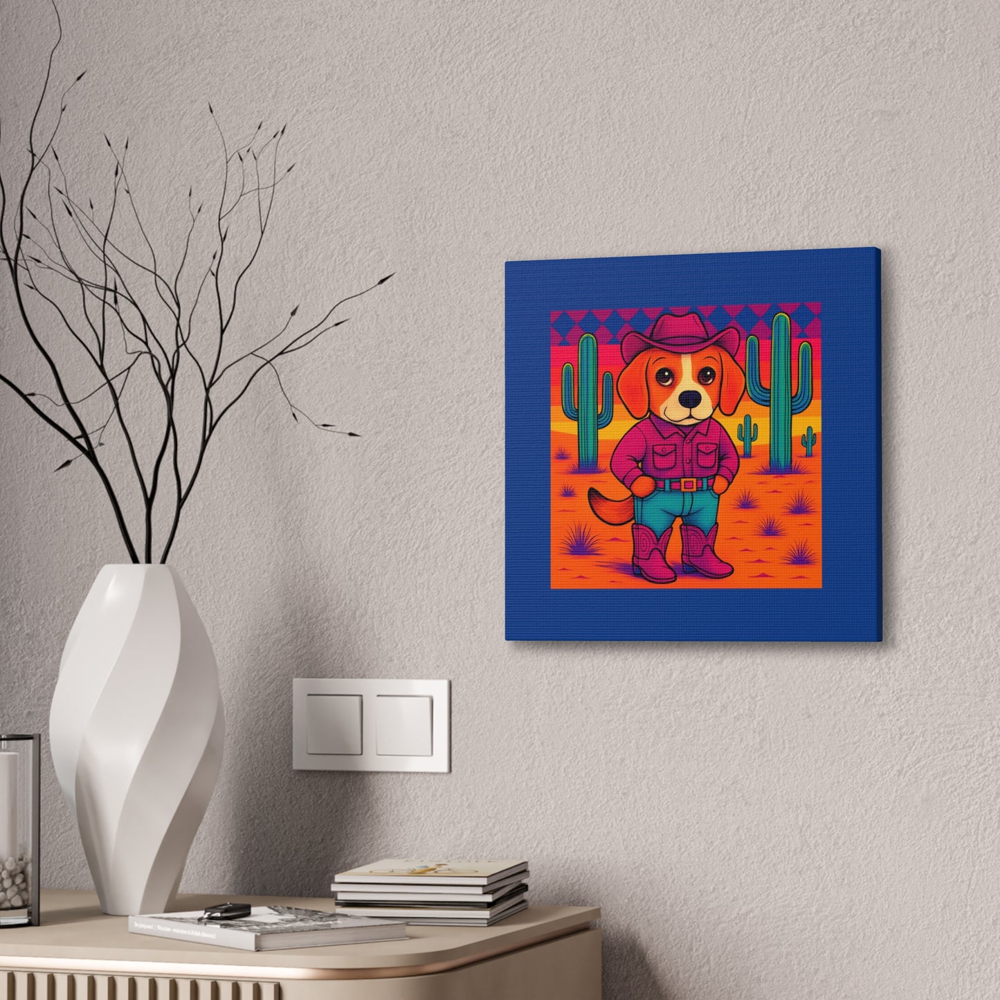 Canvas Stretched, Bright Colored Cowboy Dog in Desert Cactus, Cute Whimsical Wall Art, Home Decor, Western Animal Print, Dog Lover Gift