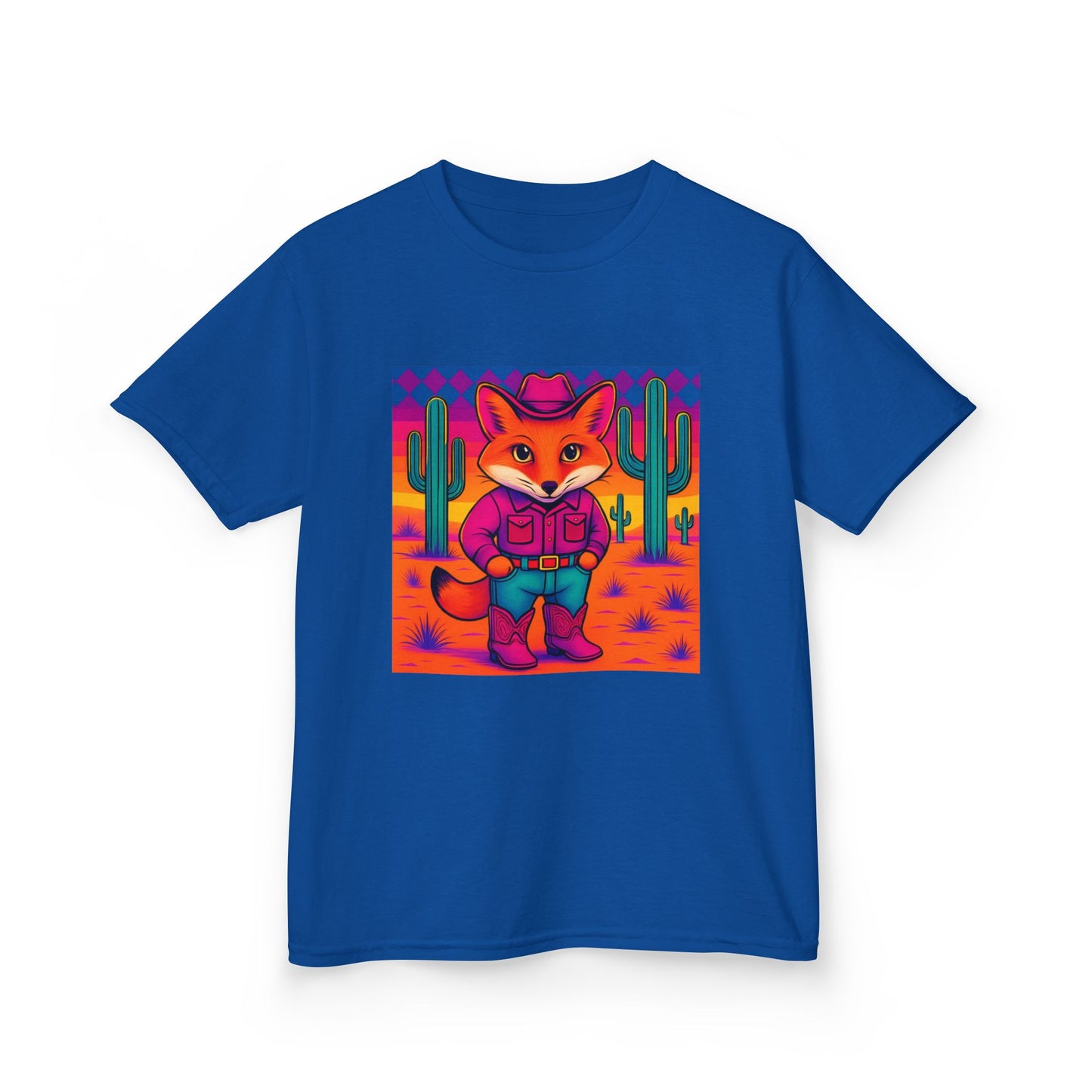 Cowboy Fox Kids T Shirt Cute Western Animal Shirt Unisex Youth Tee for Boys and Girls Neon Desert Y2K Style Kids Heavy Cotton™ Tee