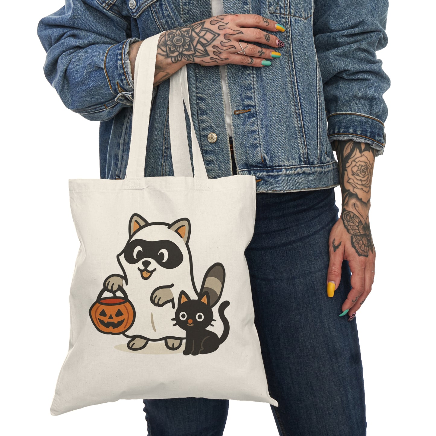 Cute Trick or Treat Raccoon Tote Bag with Black Cat Halloween Canvas Bag