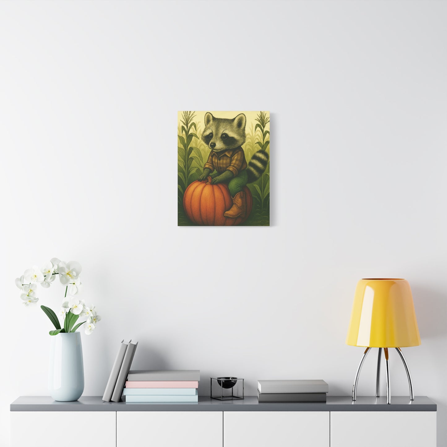 Matte Canvas Cowboy Harvest Raccoon on Pumpkin in Cornfield Green 8x10 - many sizes