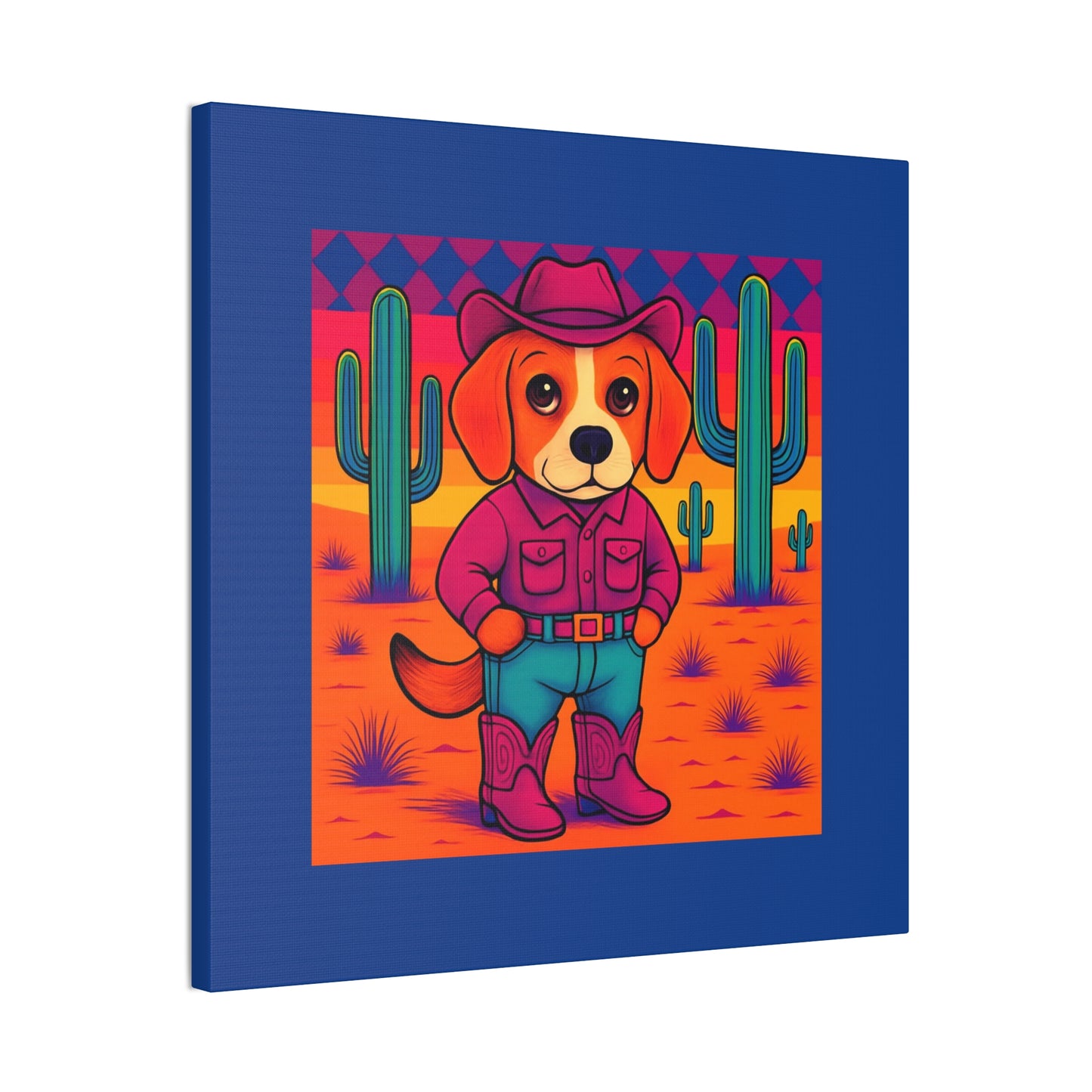 Canvas Stretched, Bright Colored Cowboy Dog in Desert Cactus, Cute Whimsical Wall Art, Home Decor, Western Animal Print, Dog Lover Gift