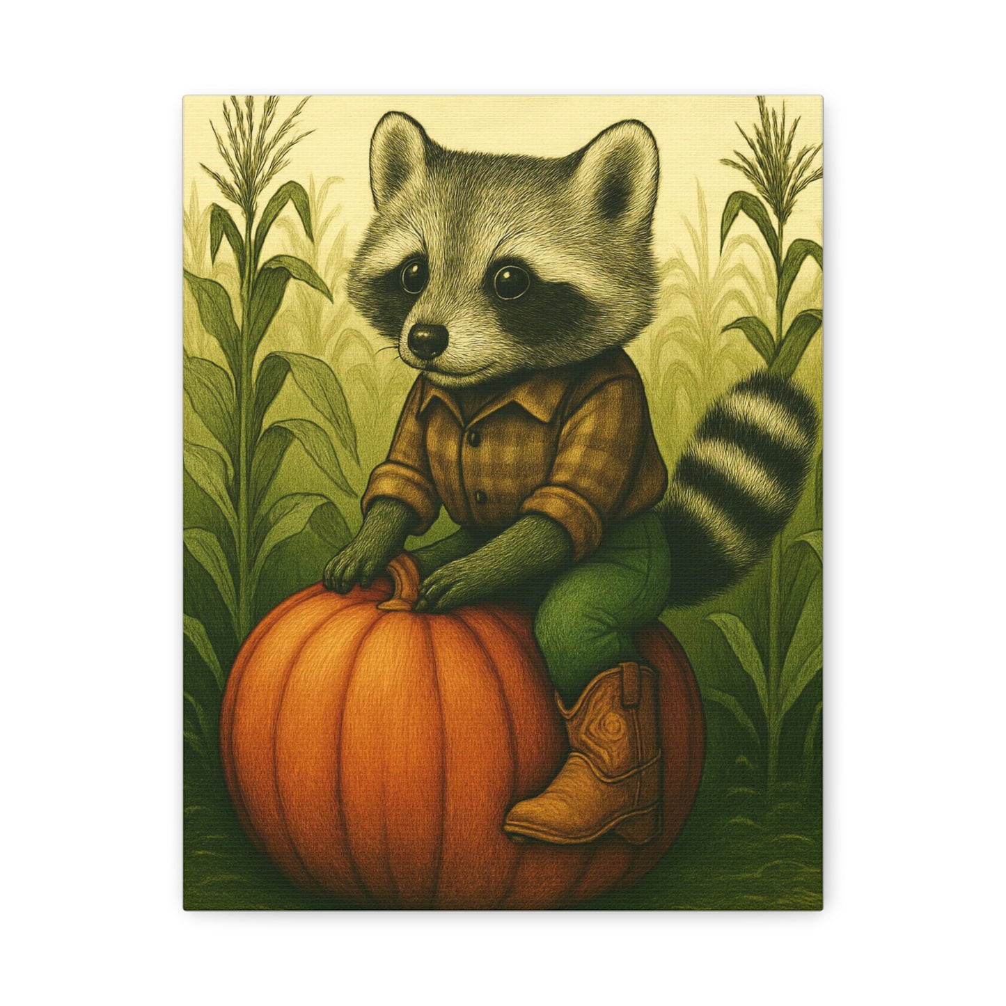 Matte Canvas Cowboy Harvest Raccoon on Pumpkin in Cornfield Green 8x10 - many sizes