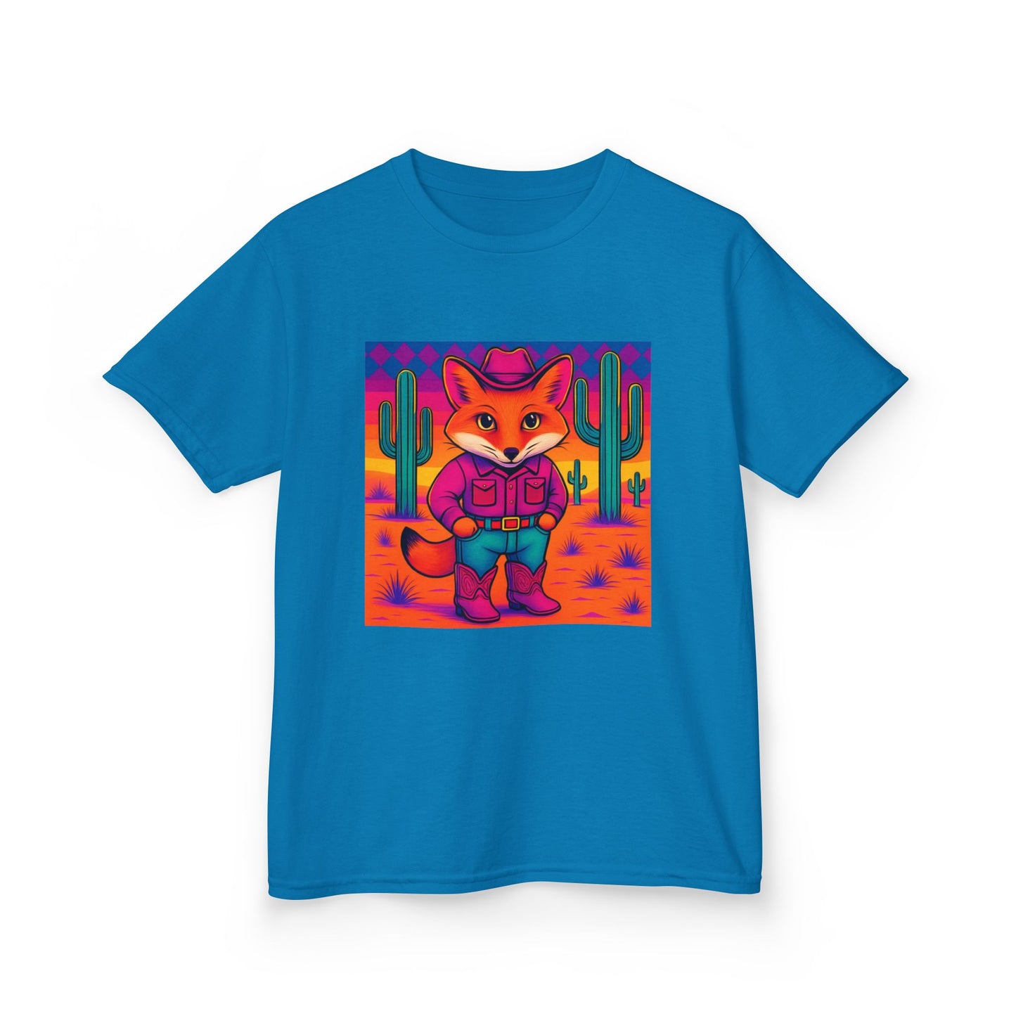 Cowboy Fox Kids T Shirt Cute Western Animal Shirt Unisex Youth Tee for Boys and Girls Neon Desert Y2K Style Kids Heavy Cotton™ Tee