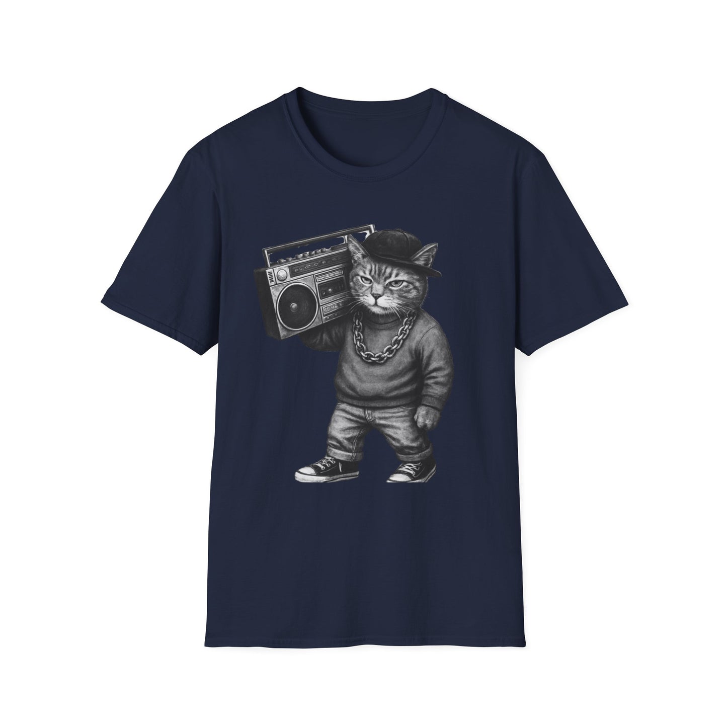 Black & White Boombox Cat T Shirt Hip Hop Streetwear Graphic Tee for Music Lovers Unisex Soft style T Shirt
