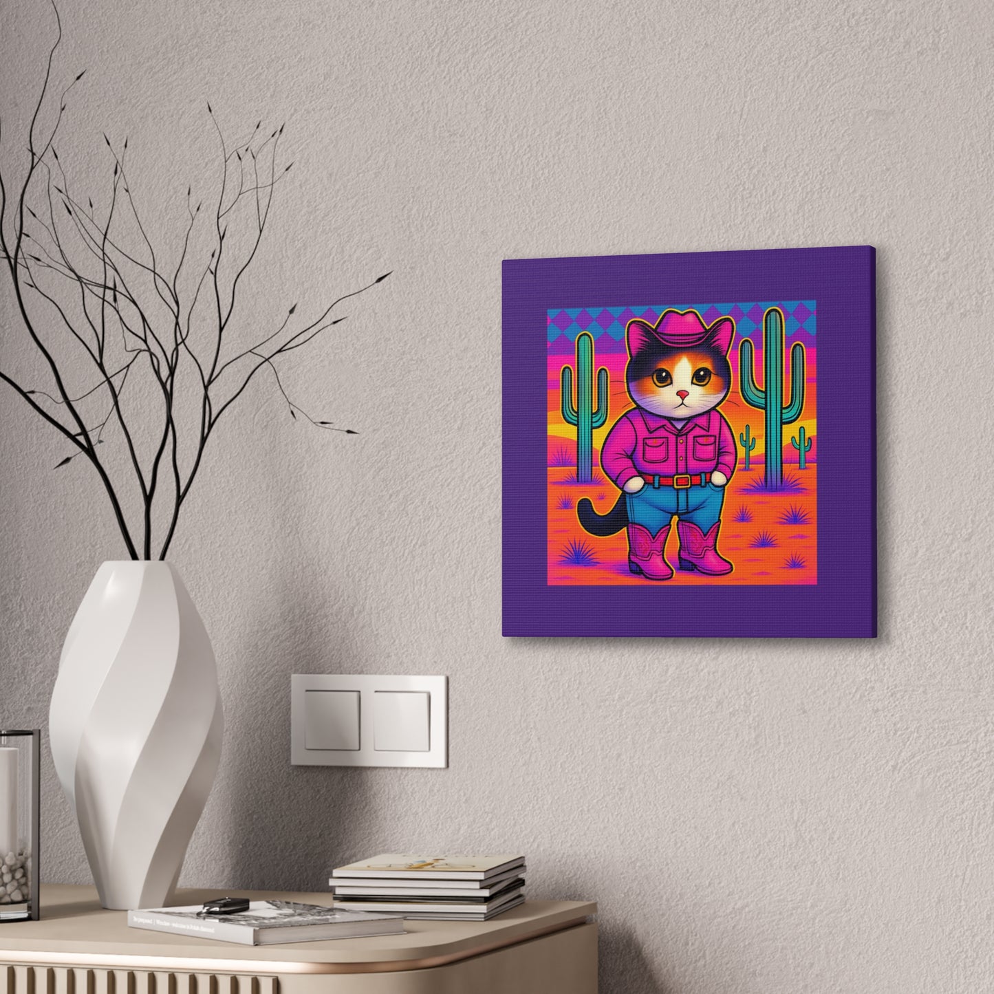 Bright Colored Cowboy Cat with Cactus Canvas stretched 8x8