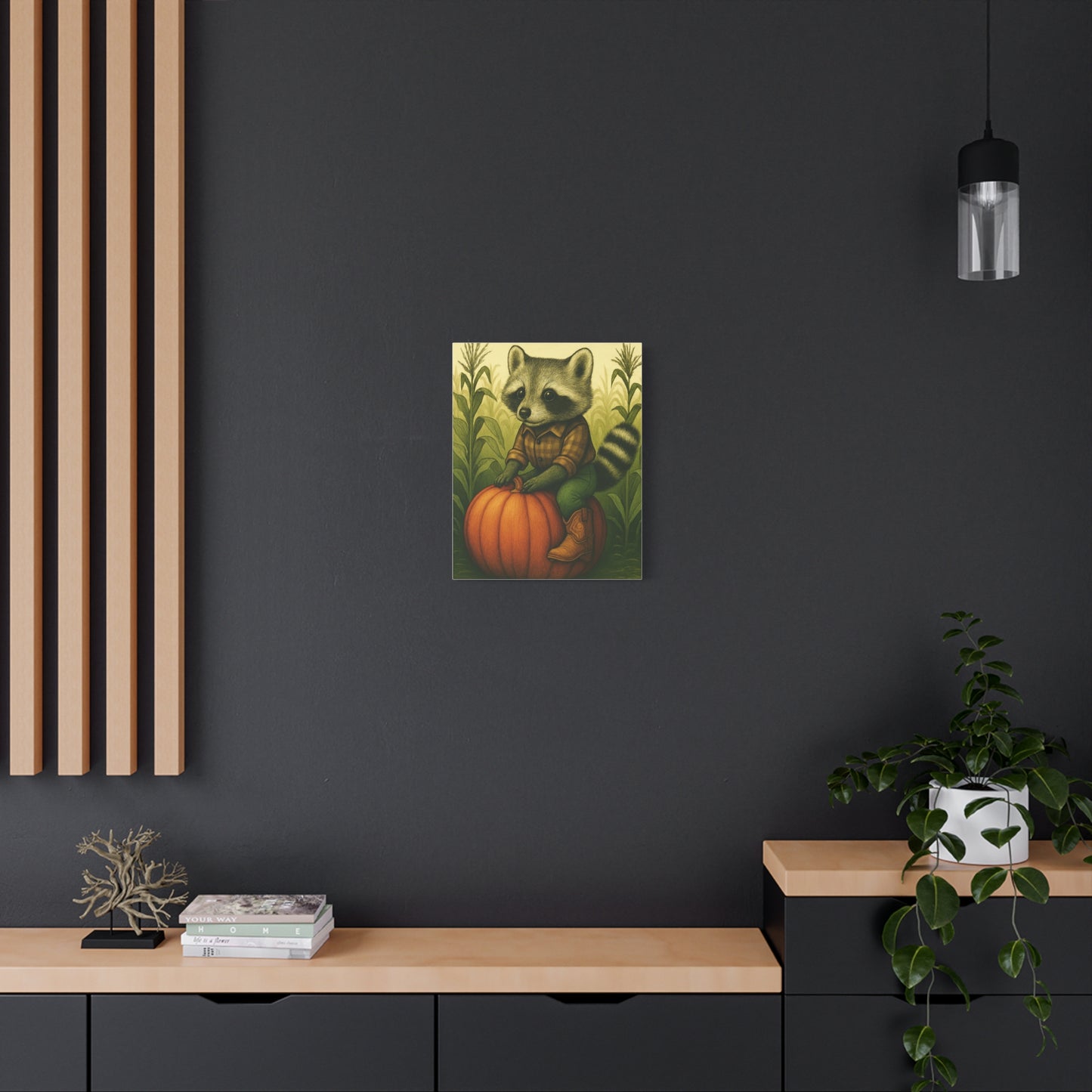Matte Canvas Cowboy Harvest Raccoon on Pumpkin in Cornfield Green 8x10 - many sizes