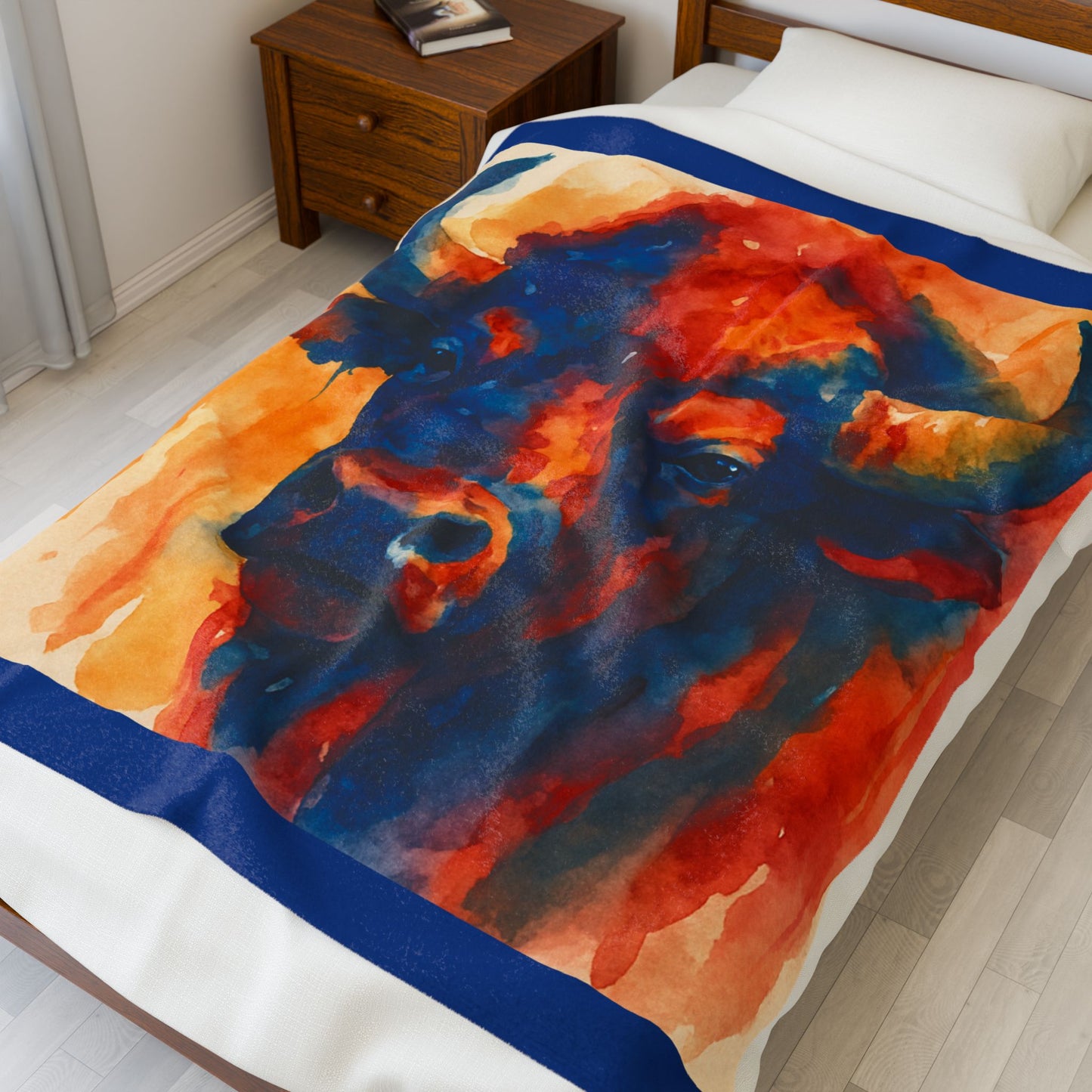 Buffalo Watercolor Blanket Western Ranch Lodge Plush Velveteen Throw, Cozy Southwest Rustic Home Décor