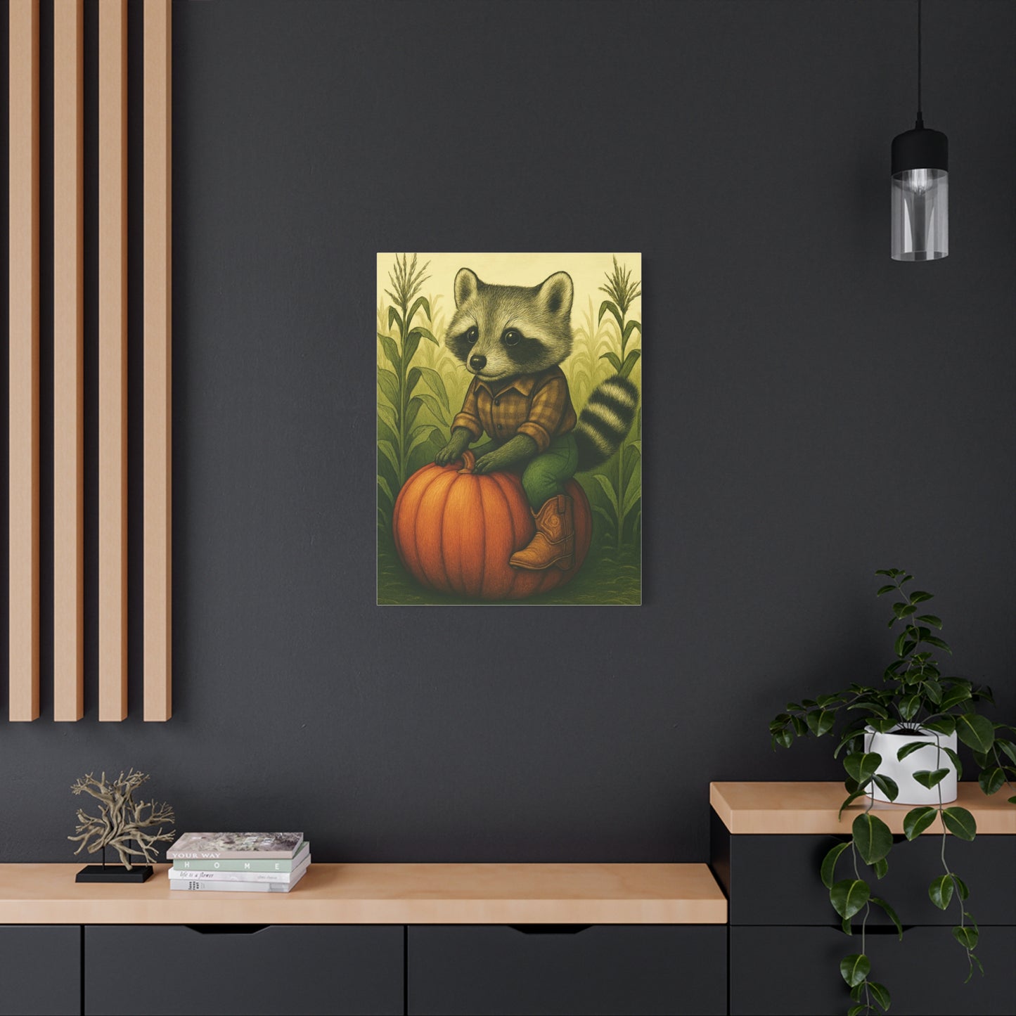 Matte Canvas Cowboy Harvest Raccoon on Pumpkin in Cornfield Green 8x10 - many sizes
