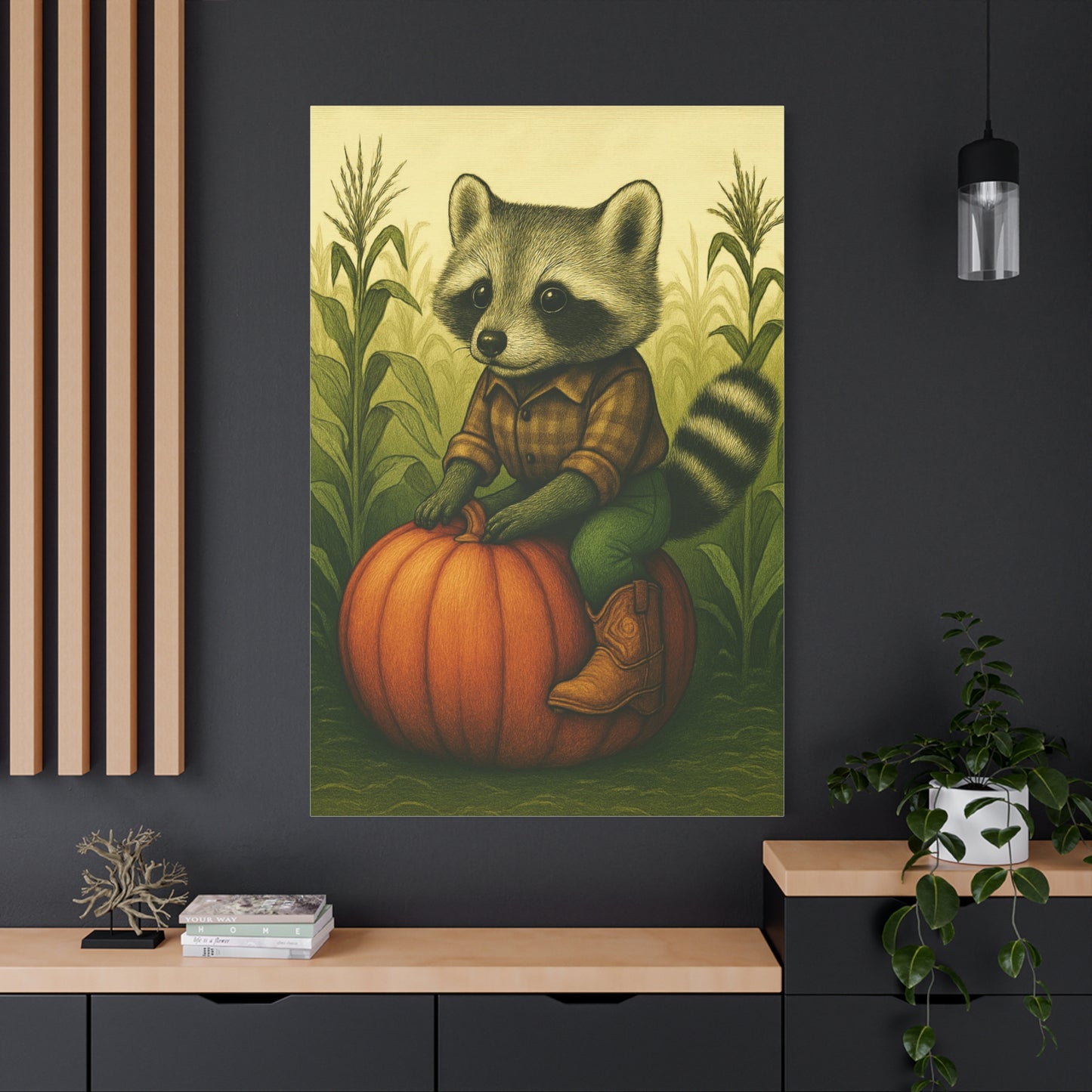 Matte Canvas Cowboy Harvest Raccoon on Pumpkin in Cornfield Green 8x10 - many sizes