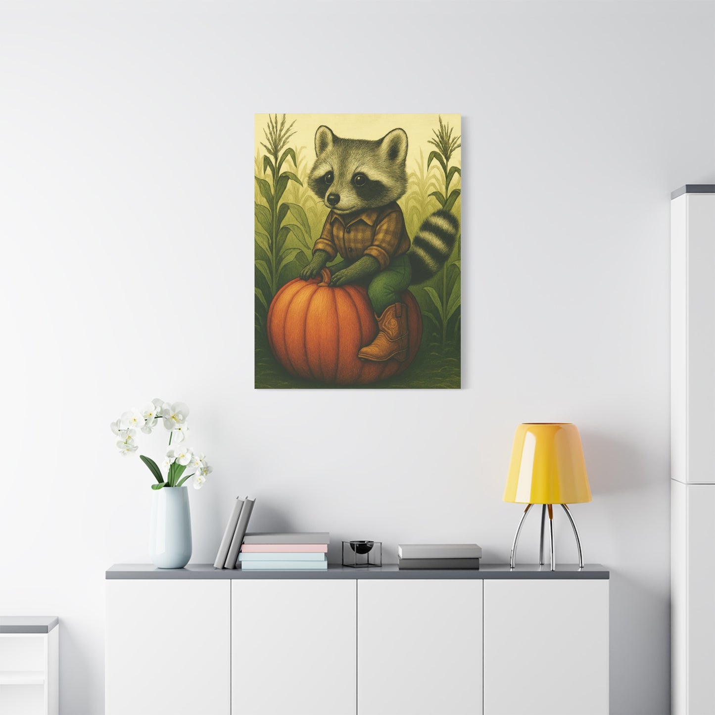 Matte Canvas Cowboy Harvest Raccoon on Pumpkin in Cornfield Green 8x10 - many sizes