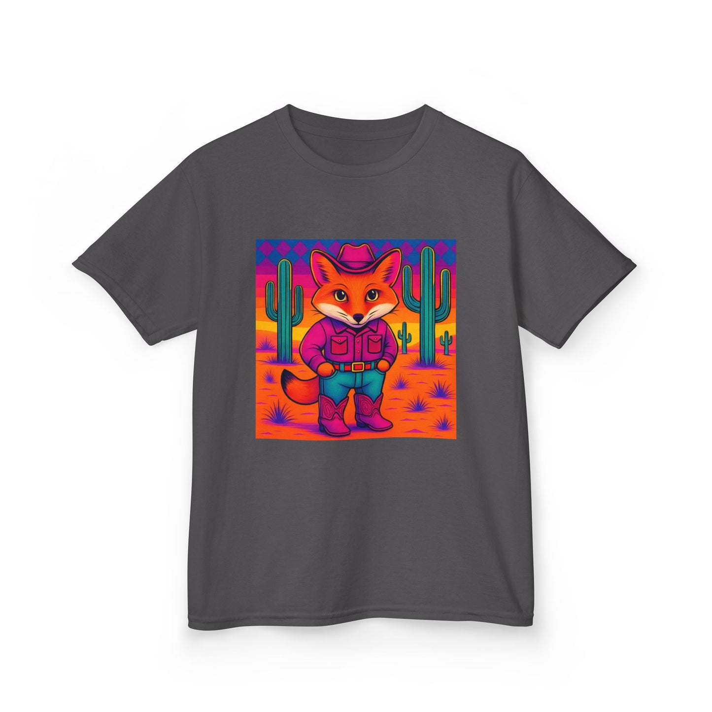 Cowboy Fox Kids T Shirt Cute Western Animal Shirt Unisex Youth Tee for Boys and Girls Neon Desert Y2K Style Kids Heavy Cotton™ Tee