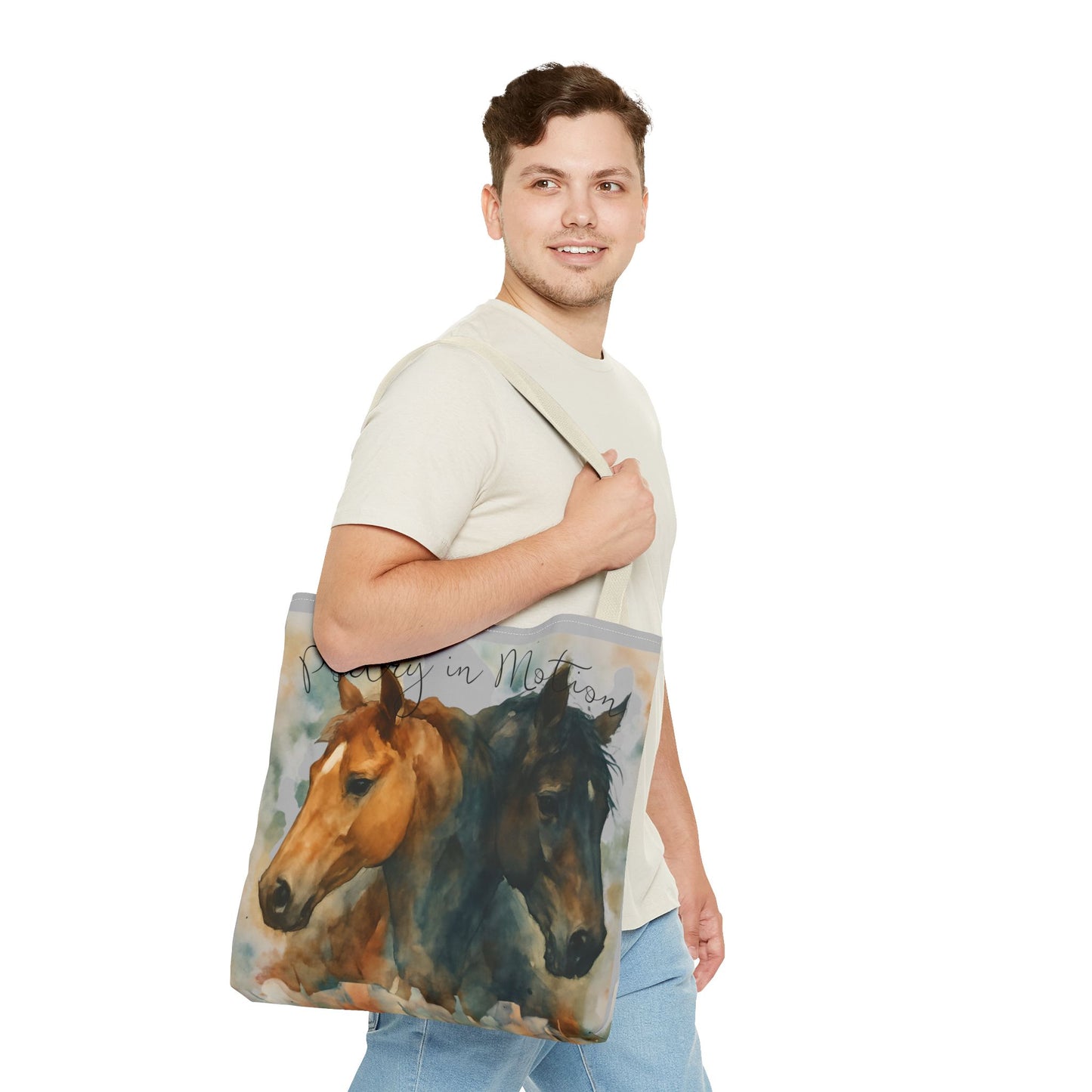 Horse Art Tote Bag, Watercolor Horses, Pretty in Motion