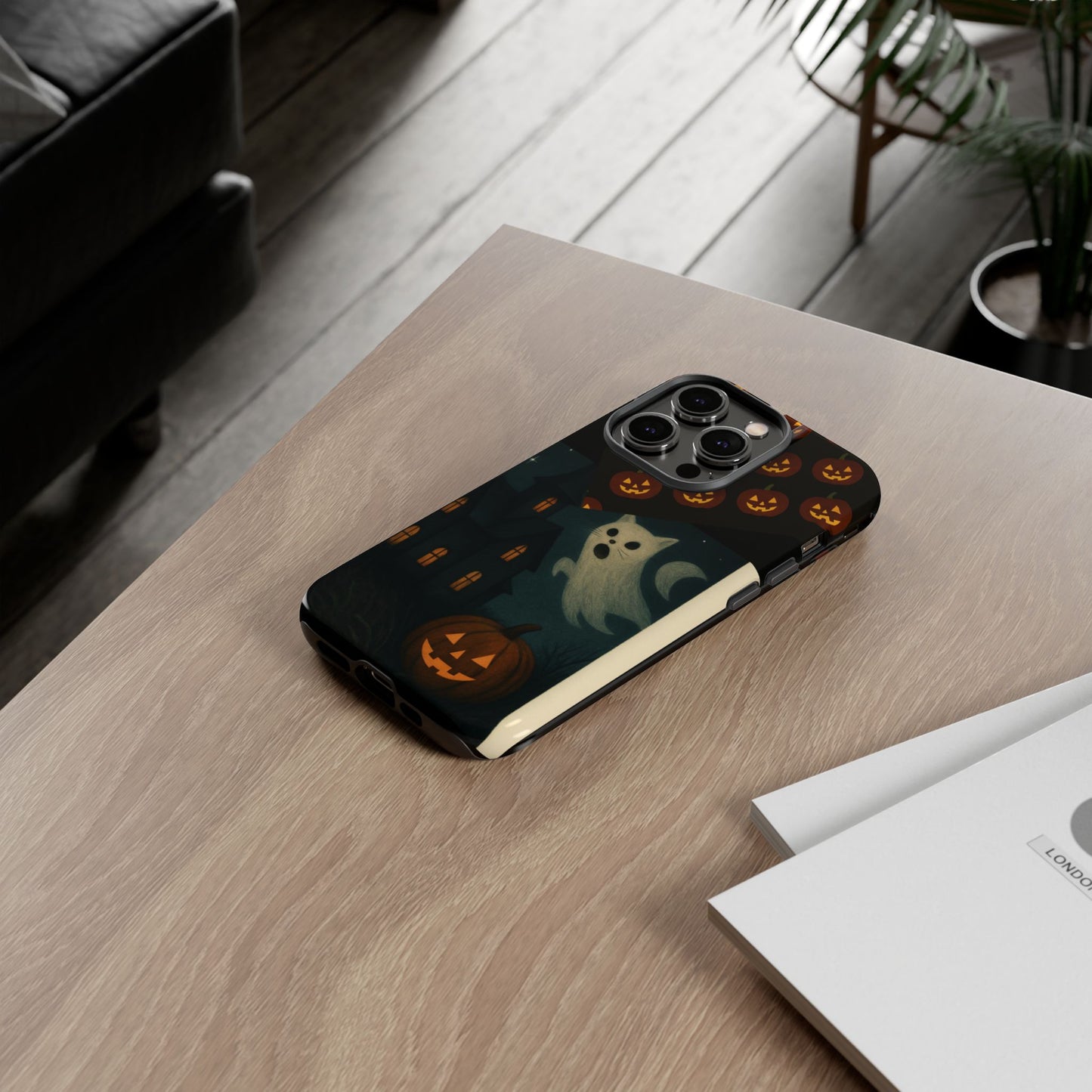 Phone Case, Halloween Haunted House Cat Ghost iPhone 16, 15, 14, Pixel 8, 6 Samsung Galaxy 25, 24, 23