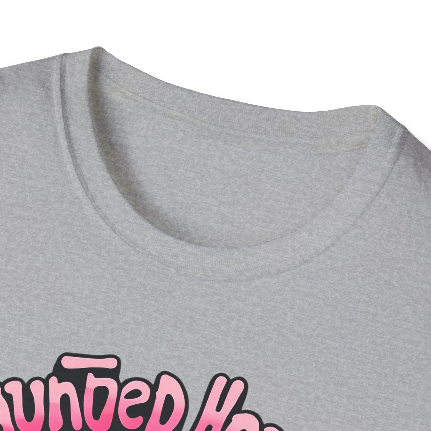 Haunted House Halloween T-Shirt Pink Spooky Gothic Unisex Softstyle T-Shirt Men Women Teen College Student Highschool