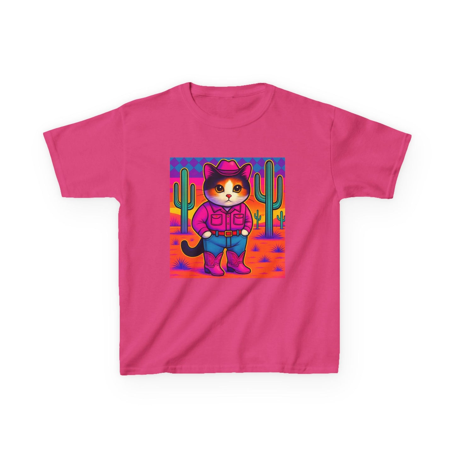 Cowgirl Cat Kids Shirt Cute Western Cat Tee Pink Calico Kitty Desert Shirt Y2K Girls Graphic Tee Kids Heavy