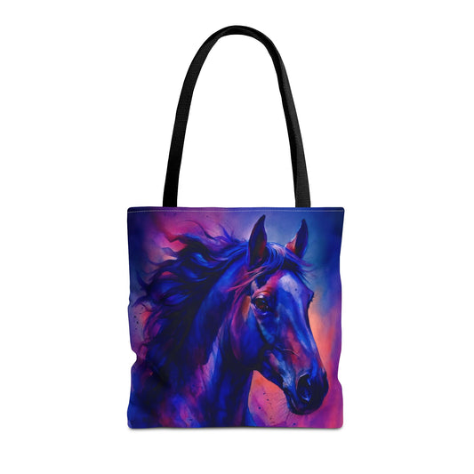 Bold Horse Tote Bag, Vibrant Blue & Purple Wild Spirit Artwork