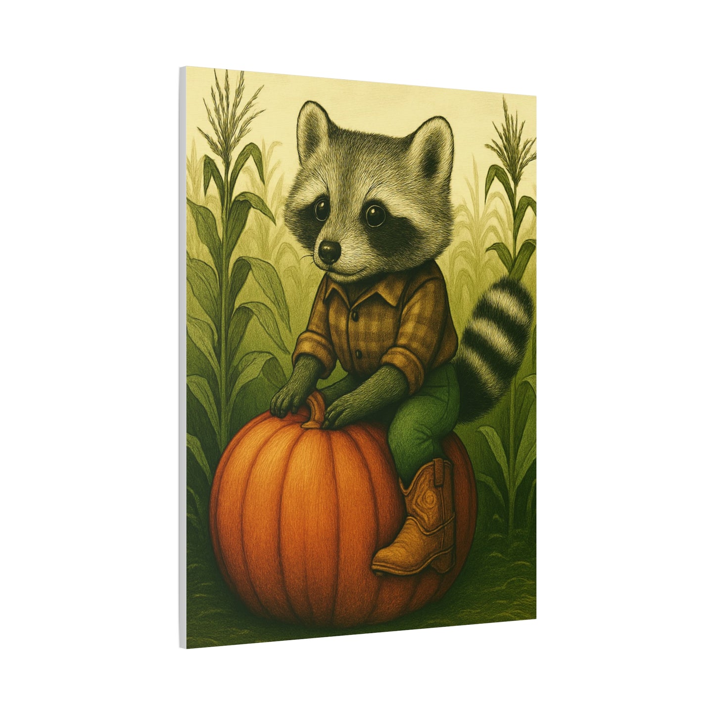 Matte Canvas Cowboy Harvest Raccoon on Pumpkin in Cornfield Green 8x10 - many sizes