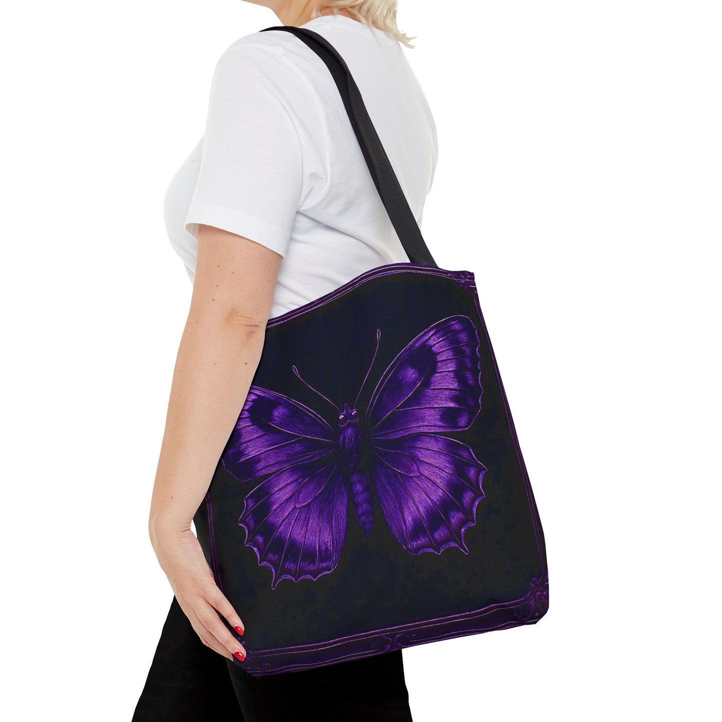 Purple Butterfly Tote Bag, Gothic Aesthetic Tote, Dark Fashion Bag, Nature Inspired Carryall Tote Bag (AOP)
