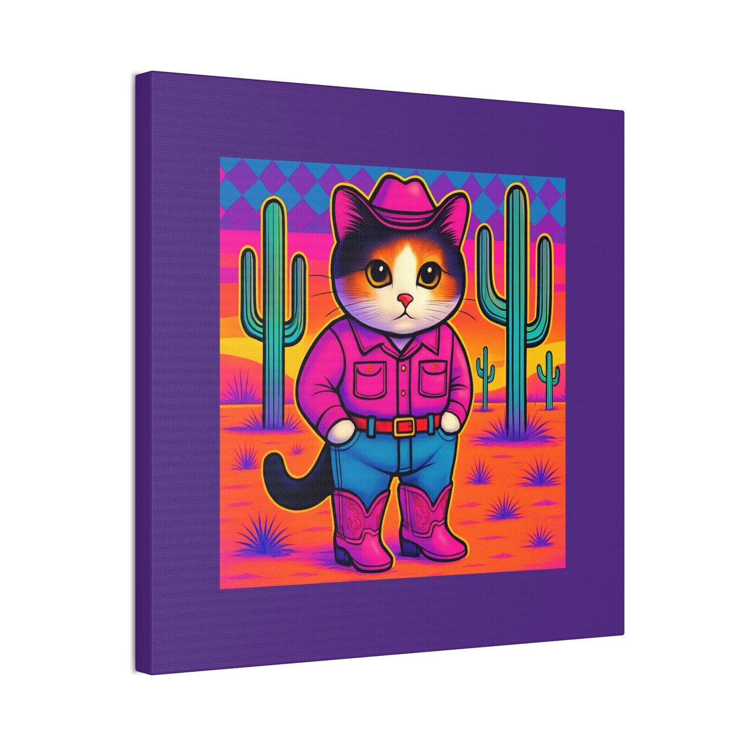 Bright Colored Cowboy Cat with Cactus Canvas stretched 8x8