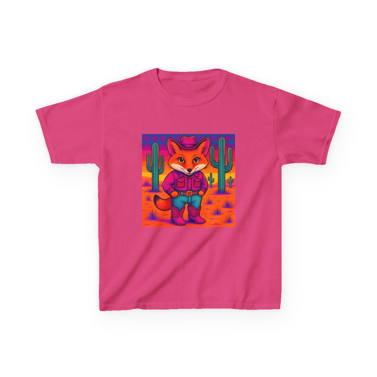 Cowboy Fox Kids T Shirt Cute Western Animal Shirt Unisex Youth Tee for Boys and Girls Neon Desert Y2K Style Kids Heavy Cotton™ Tee