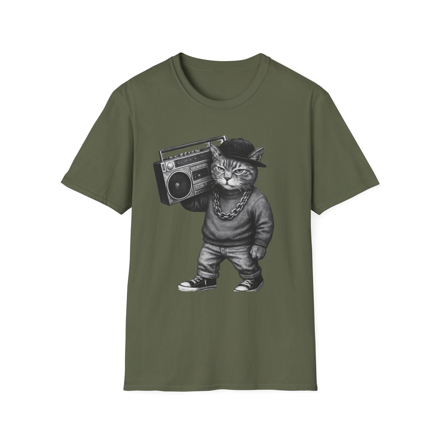 Black & White Boombox Cat T Shirt Hip Hop Streetwear Graphic Tee for Music Lovers Unisex Soft style T Shirt