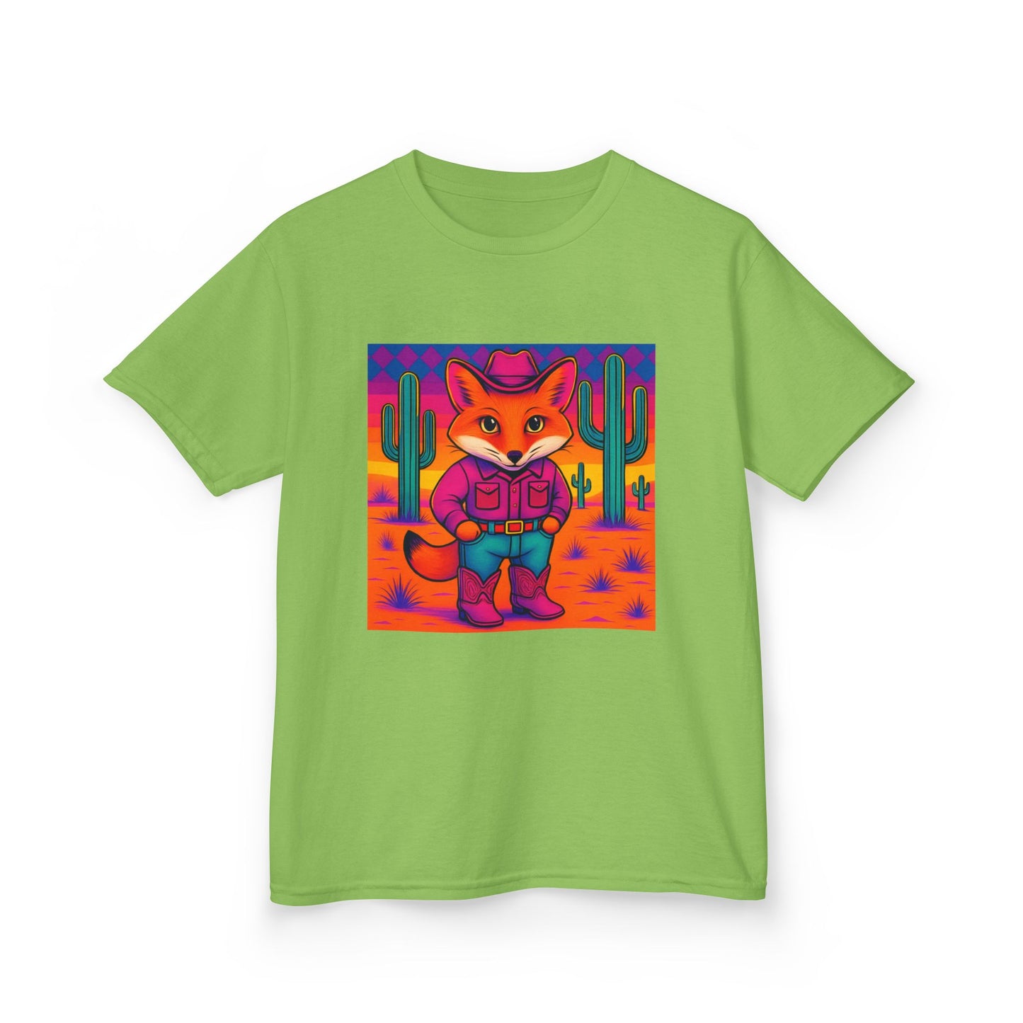 Cowboy Fox Kids T Shirt Cute Western Animal Shirt Unisex Youth Tee for Boys and Girls Neon Desert Y2K Style Kids Heavy Cotton™ Tee