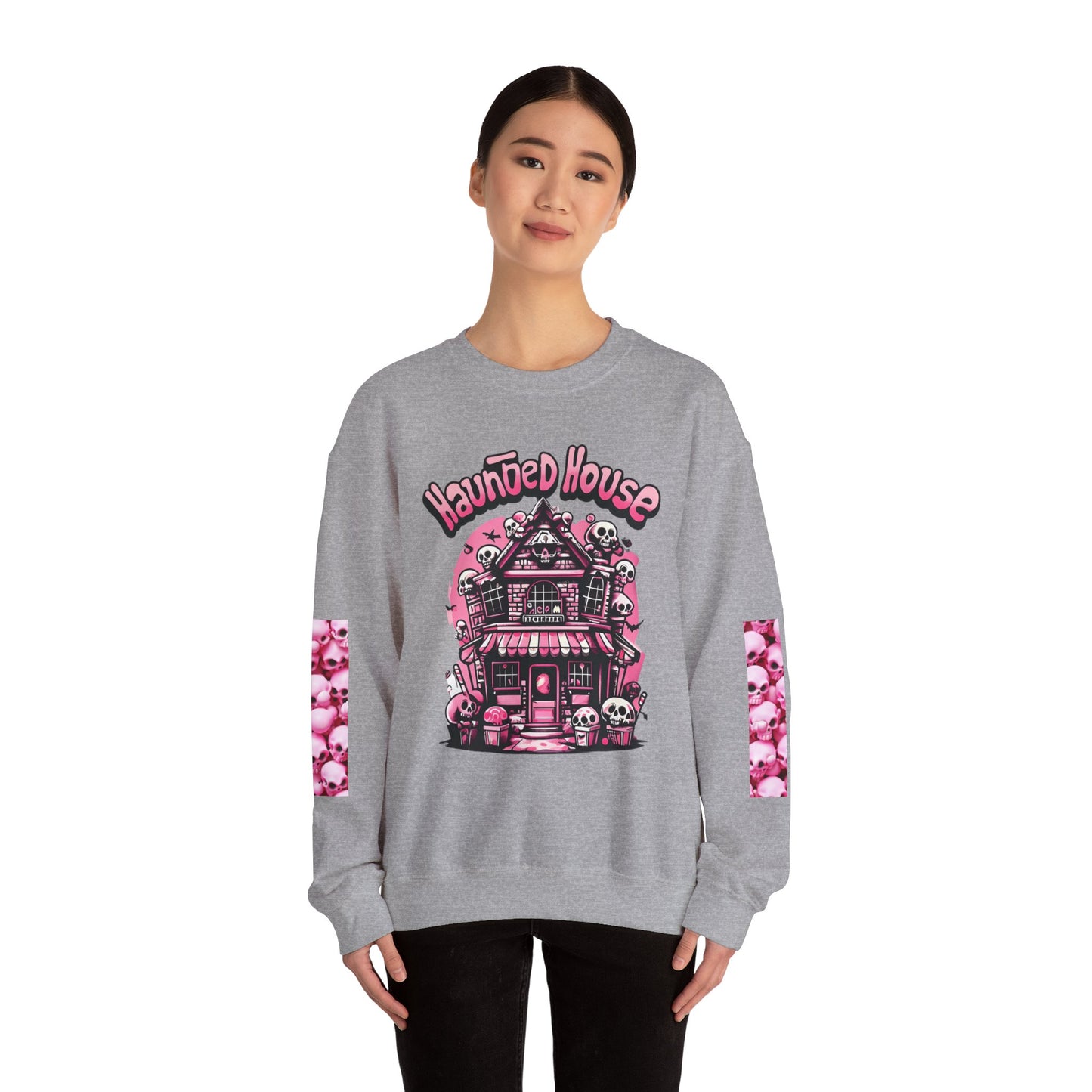 Haunted House Skull Sweatshirt Pink - Spooky Cute Pink & Black Aesthetic, Men, Women, Pink Skull,
