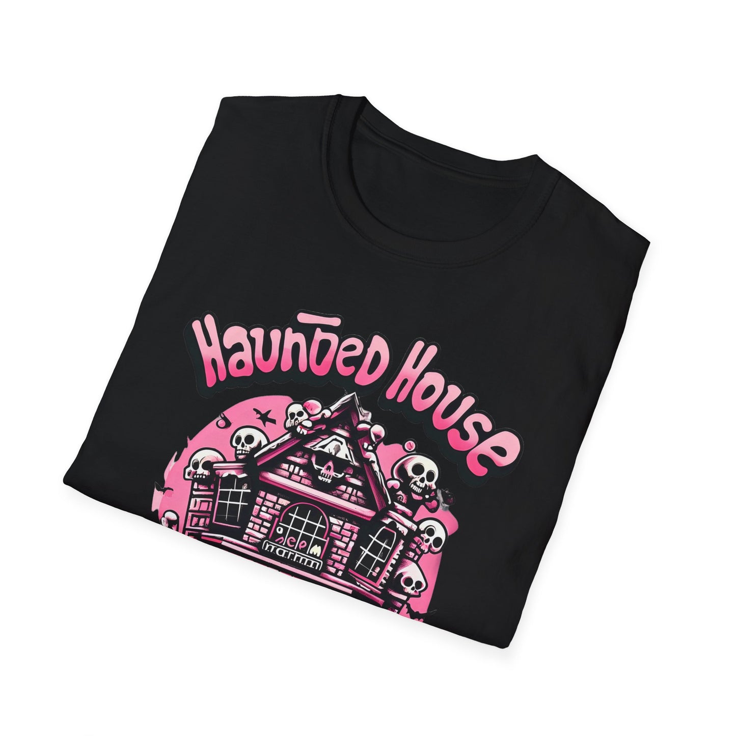 Haunted House Halloween T-Shirt Pink Spooky Gothic Unisex Softstyle T-Shirt Men Women Teen College Student Highschool