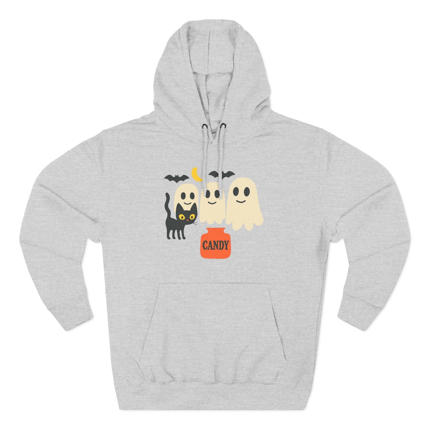Halloween Three-Panel Fleece Hoodie, Ghost Black Cat Long Sleeve Unisex, Scary Bat Costume Sweatshirt, Trick or Treat Candy Bucket Jacket,