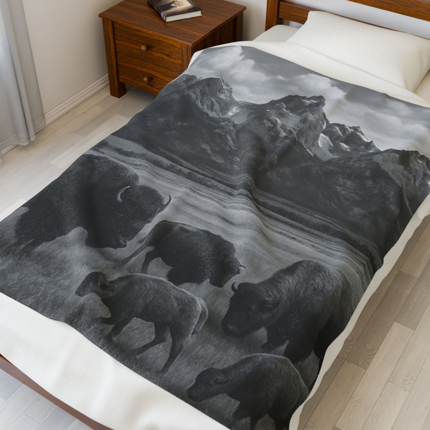 Rustic Bison Mountain Blanket Western Wildlife Lodge Cabin Decor, Cozy Buffalo Herd Bed Throw, Nature Inspired Rustic Bedding