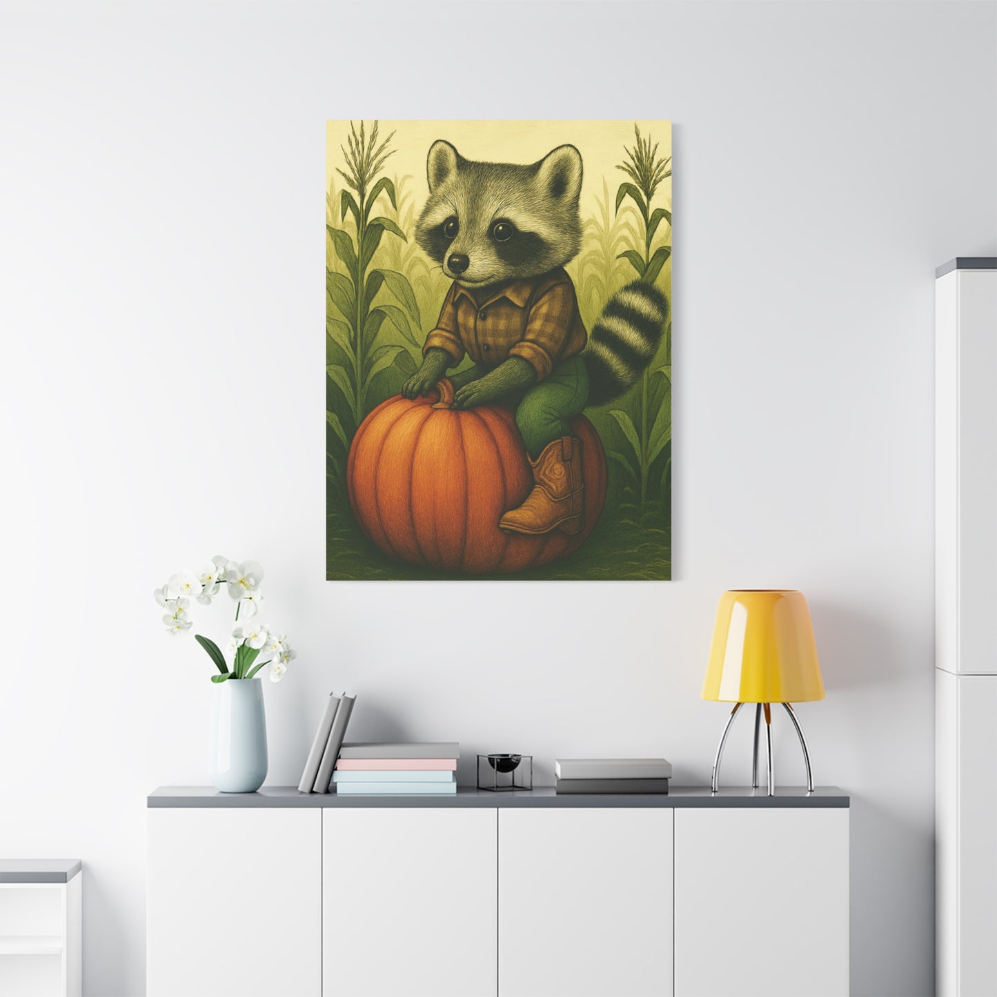Matte Canvas Cowboy Harvest Raccoon on Pumpkin in Cornfield Green 8x10 - many sizes