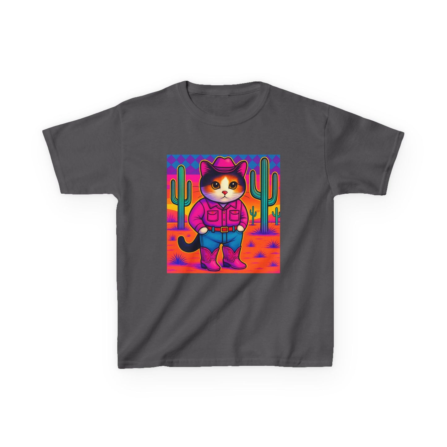 Cowgirl Cat Kids Shirt Cute Western Cat Tee Pink Calico Kitty Desert Shirt Y2K Girls Graphic Tee Kids Heavy