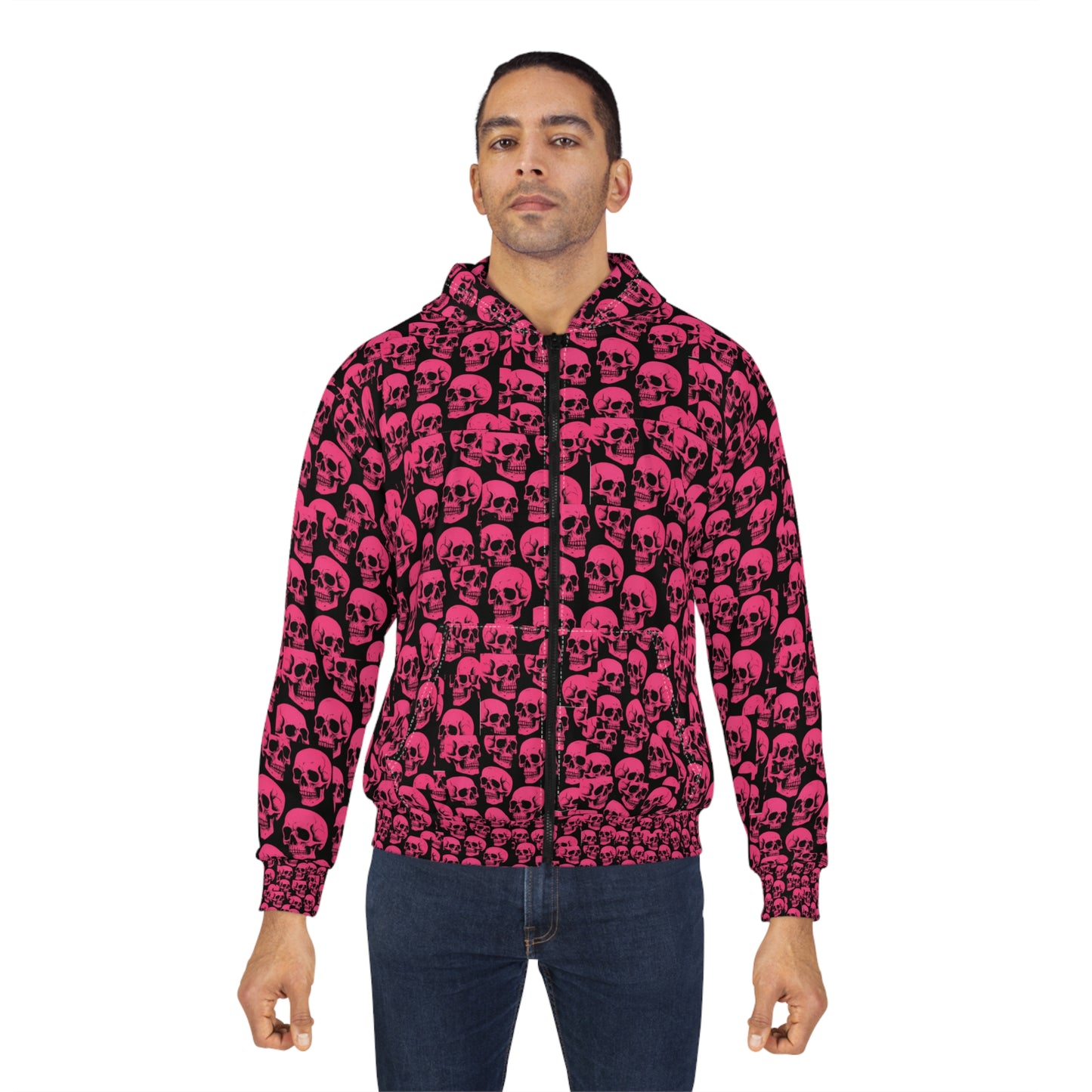 Edgy Pink Skull Hoodie Gothic Streetwear Unisex Zip Up Jacket, Alternative Punk Hoodie for Men and Women, Halloween Skull Print Fashion