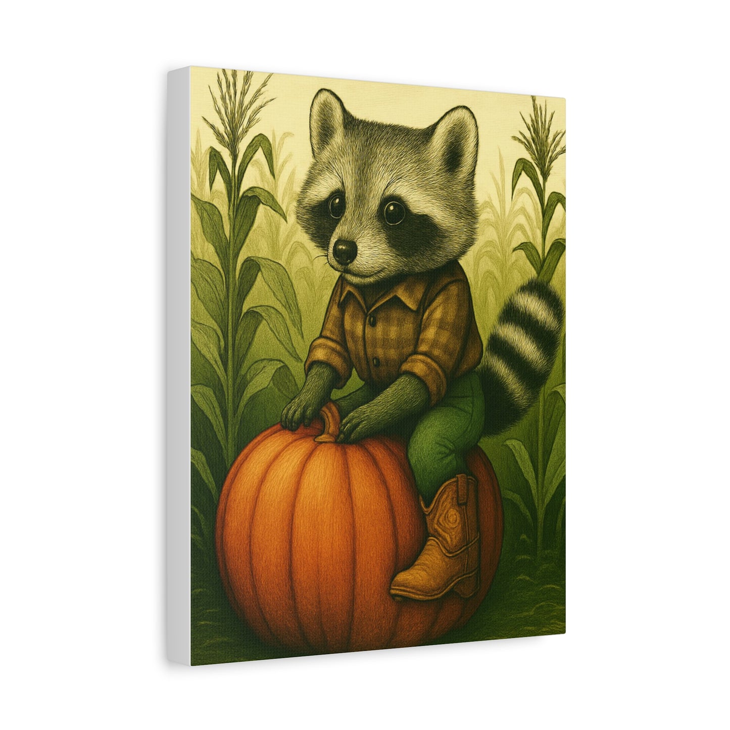 Matte Canvas Cowboy Harvest Raccoon on Pumpkin in Cornfield Green 8x10 - many sizes