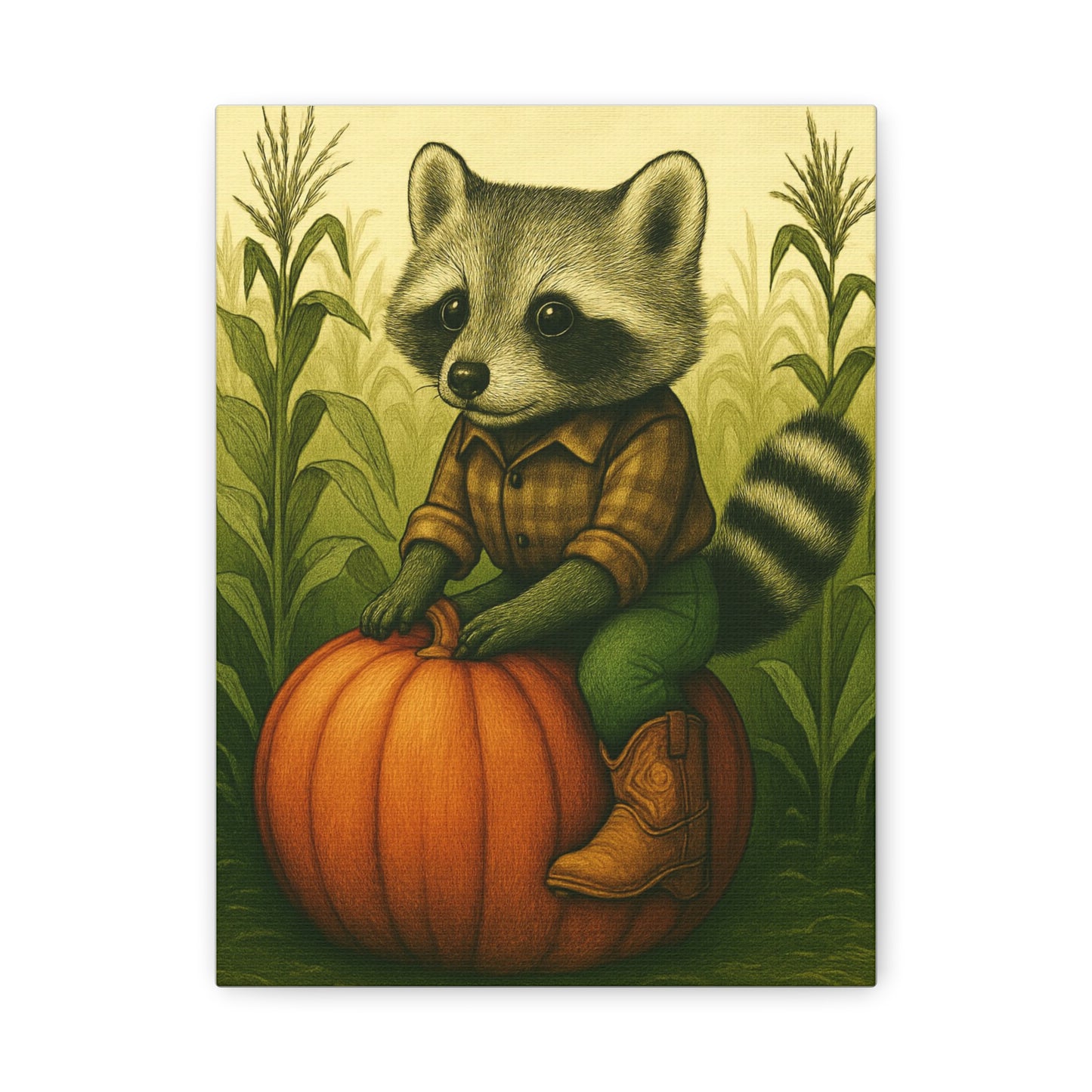Matte Canvas Cowboy Harvest Raccoon on Pumpkin in Cornfield Green 8x10 - many sizes