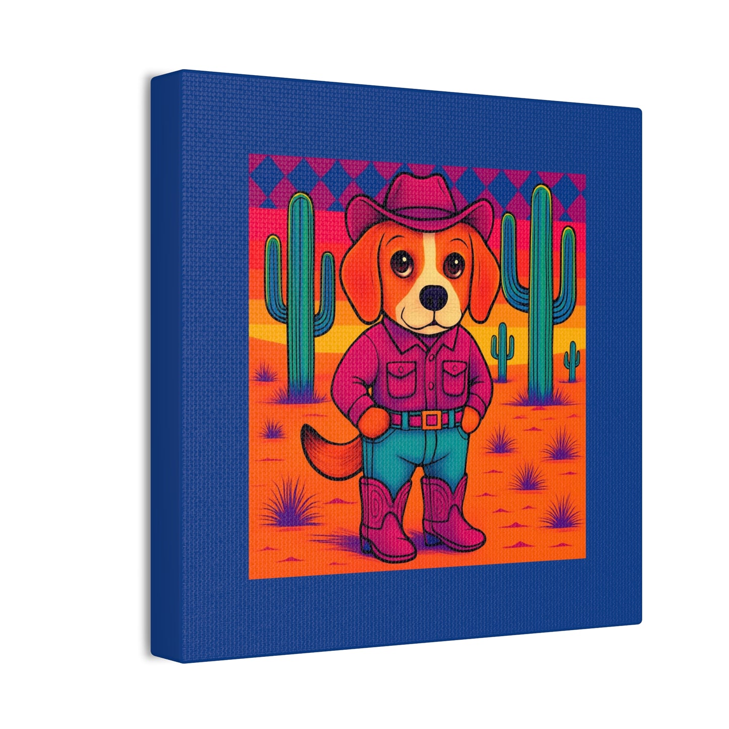 Canvas Stretched, Bright Colored Cowboy Dog in Desert Cactus, Cute Whimsical Wall Art, Home Decor, Western Animal Print, Dog Lover Gift