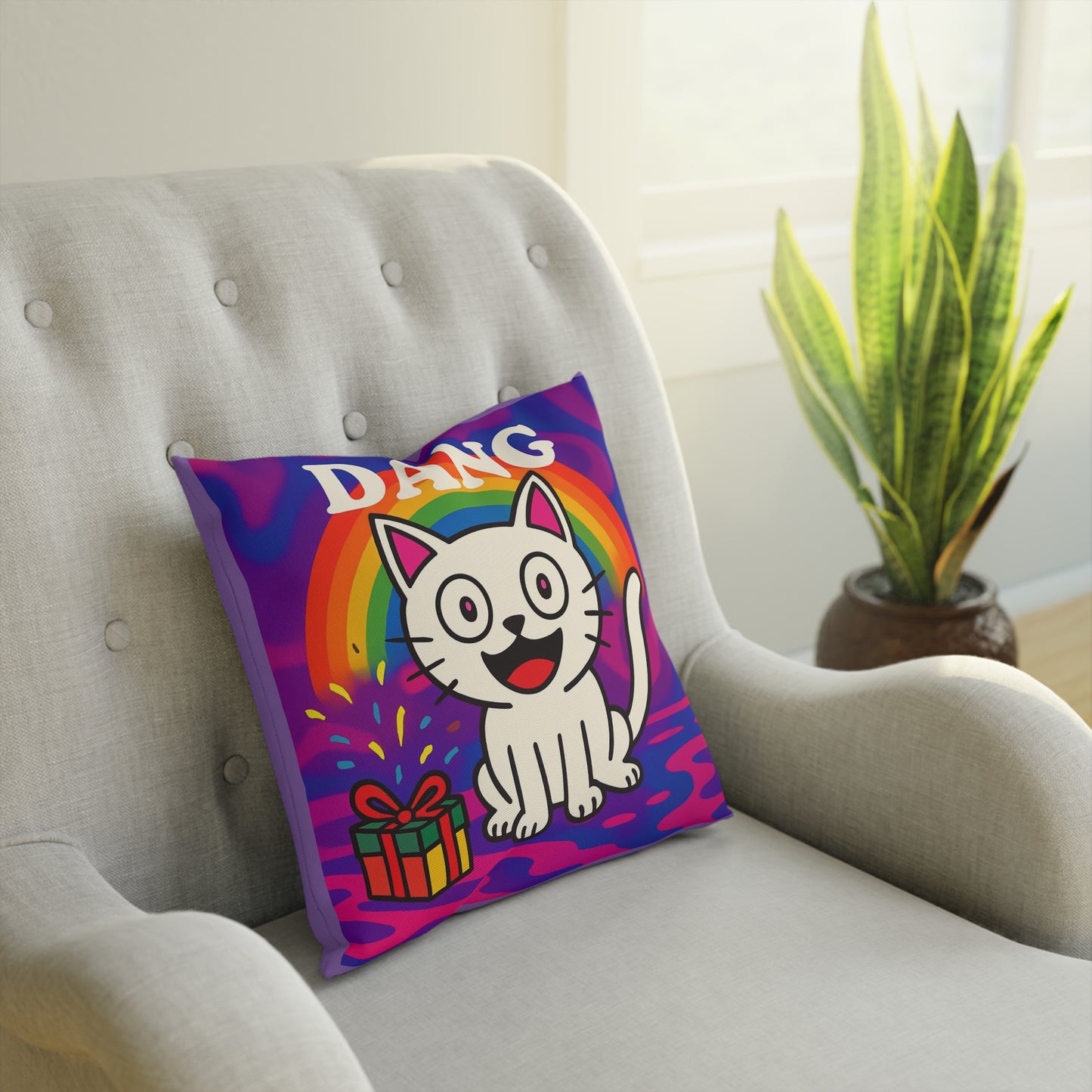 Cushion Pillow, Rainbow White Kitten Decorative Throw Pillow, Bed Cushion, Living Room Pillow, Nursery Decor, Couch Pillow