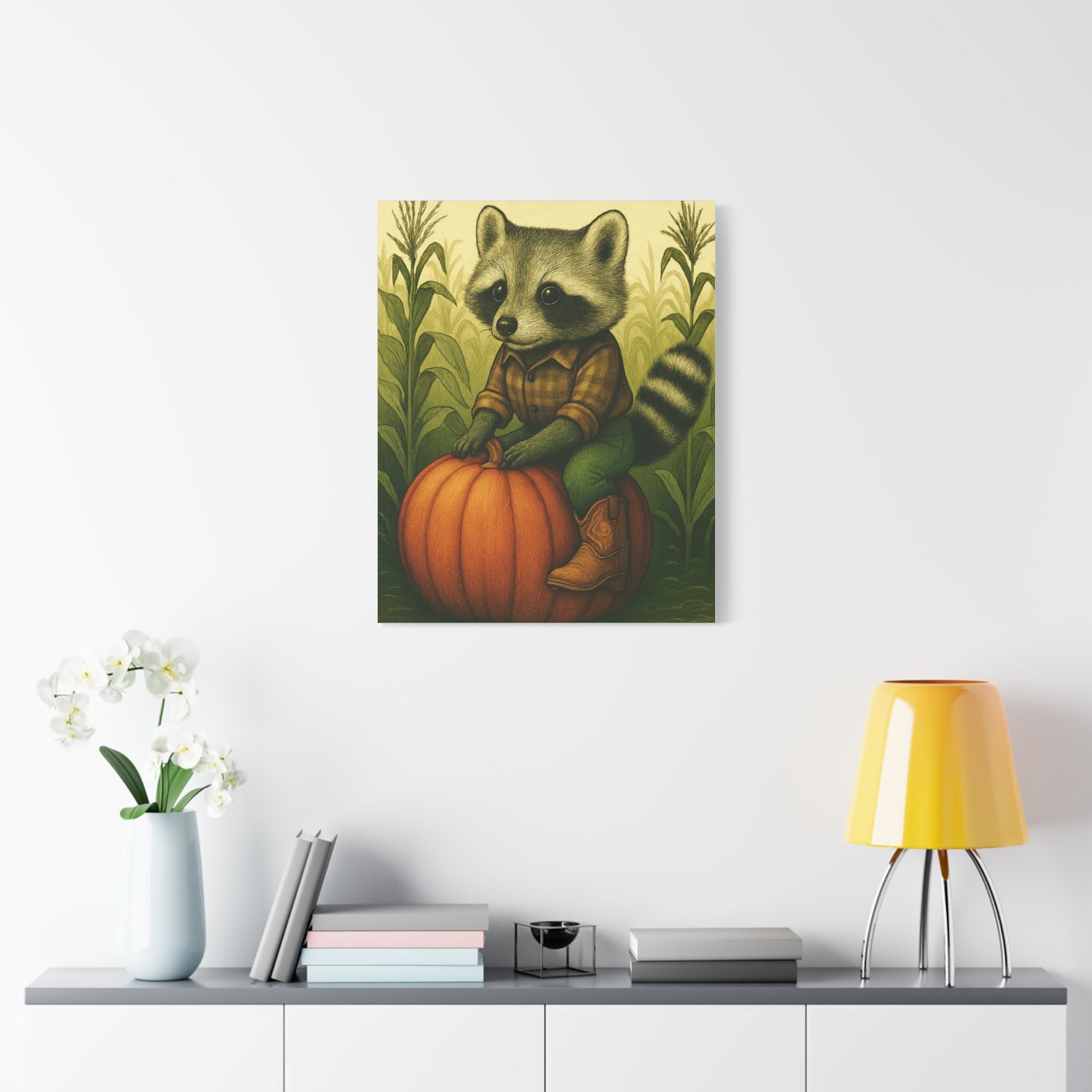 Matte Canvas Cowboy Harvest Raccoon on Pumpkin in Cornfield Green 8x10 - many sizes